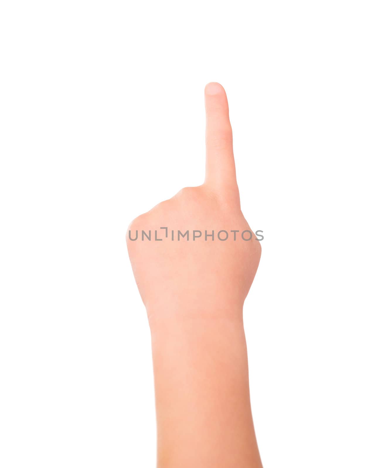 A little girl's hand (5-6 year) touching virtual screen or pointing gesture. Isolated on white.