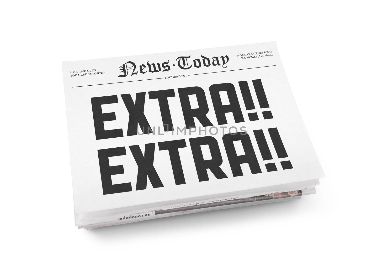 A stack of newspapers with headline "Extra Extra". Isolated on white.