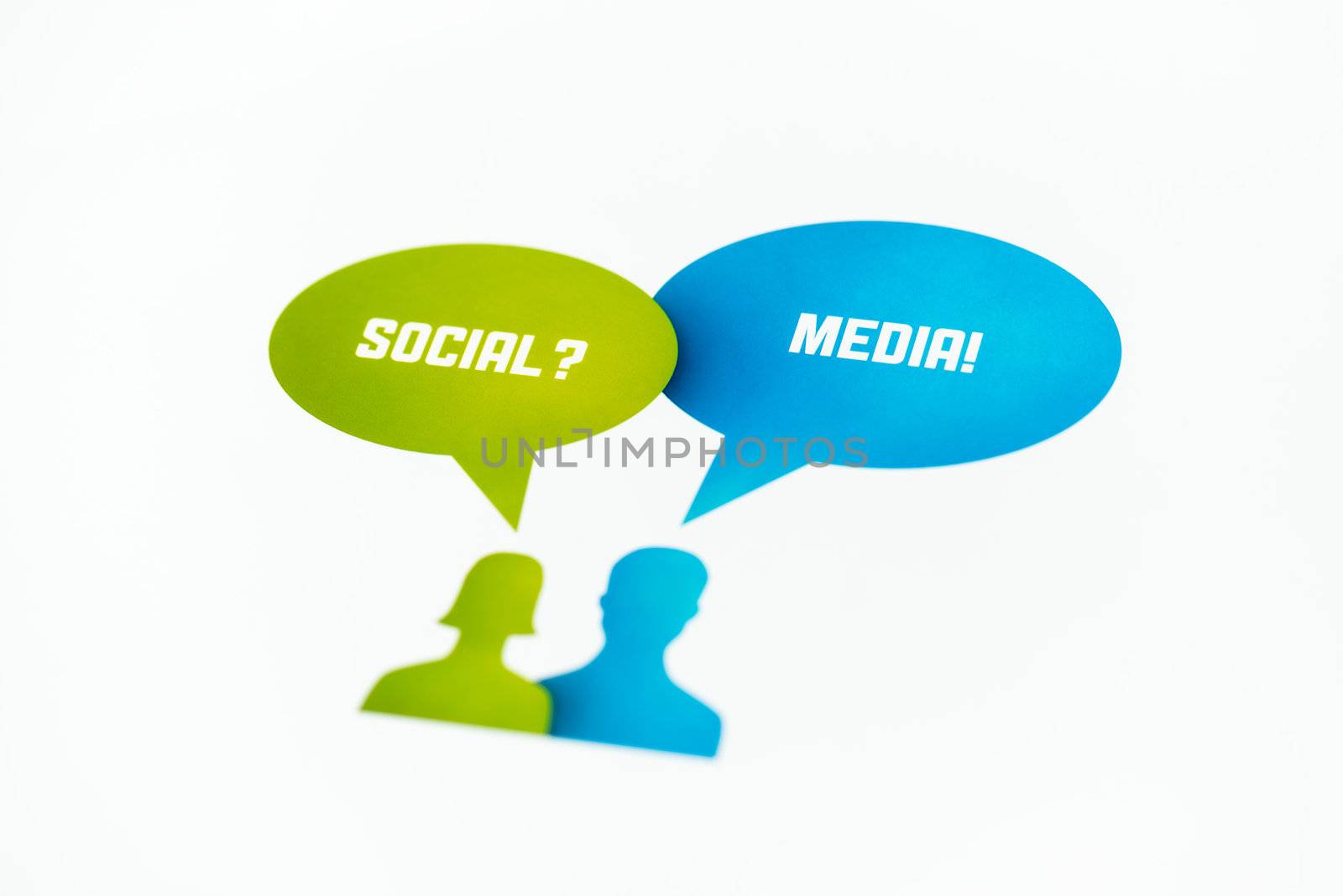 Two figures with speech bubbles and words "Social" and "Media" printed on paper. Isolated on white.