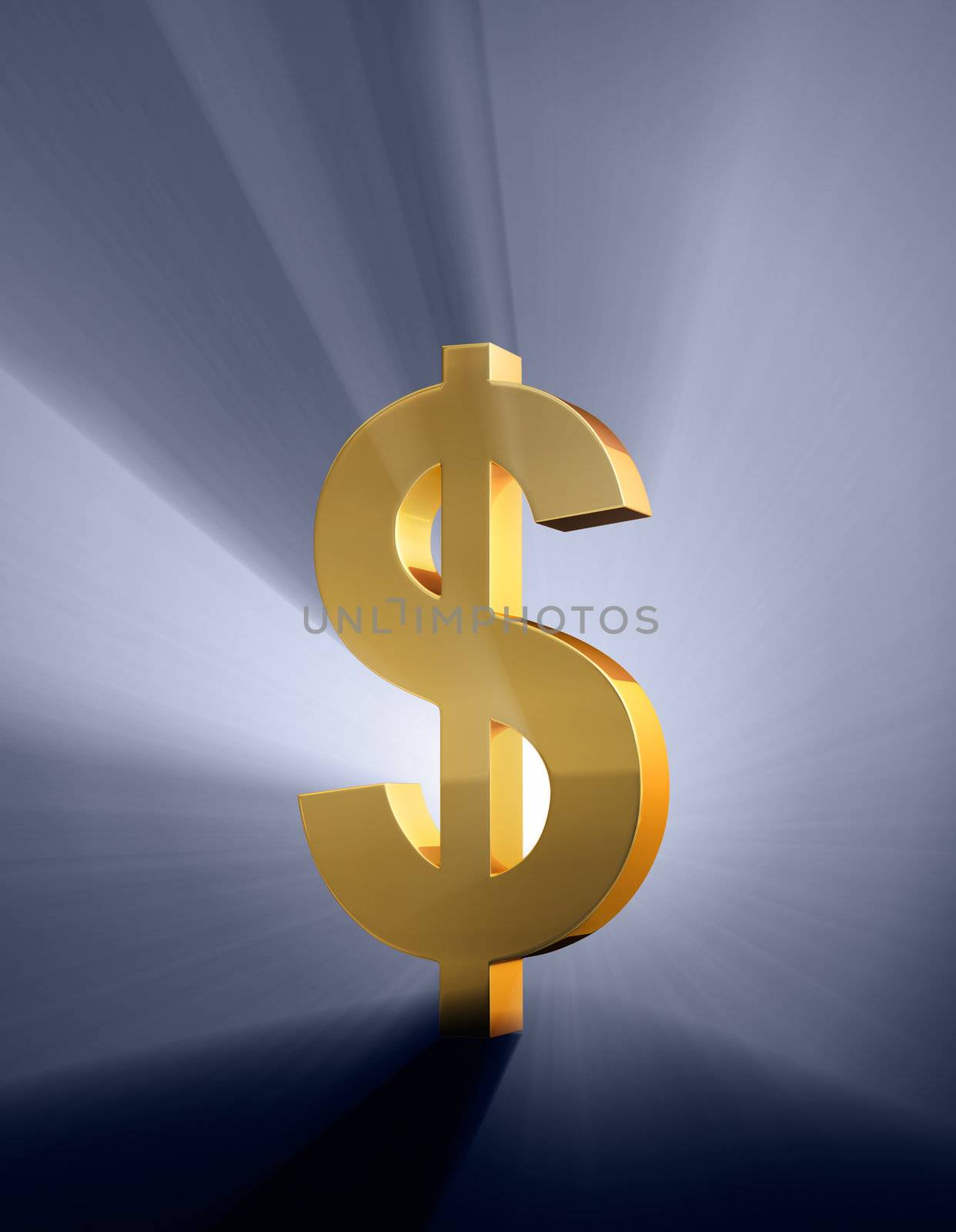 A gold dollar sign on a dark blue background brilliantly backlight with light rays shining through.
