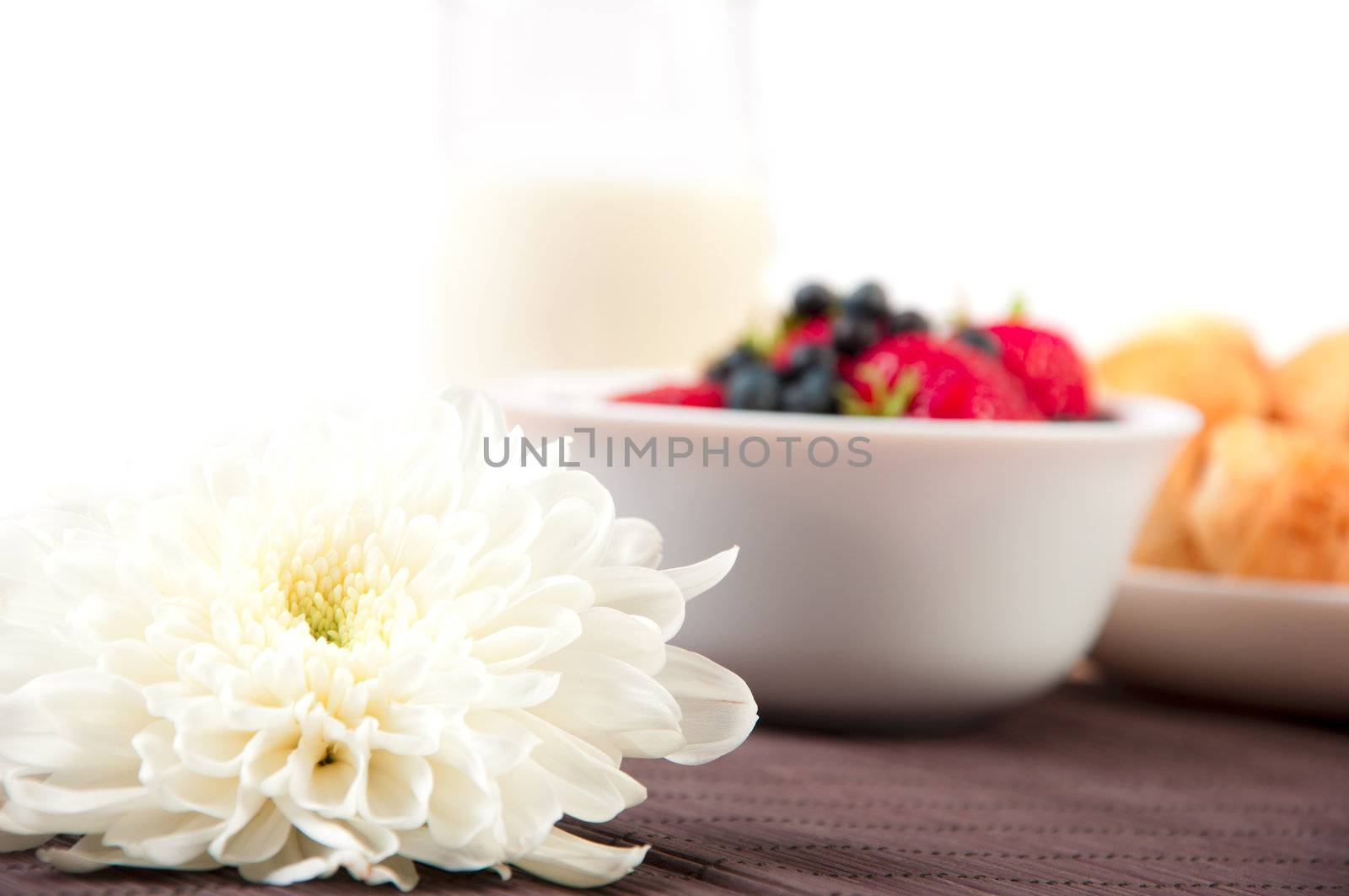 Breakfast with berries, milk and croissant by adam121