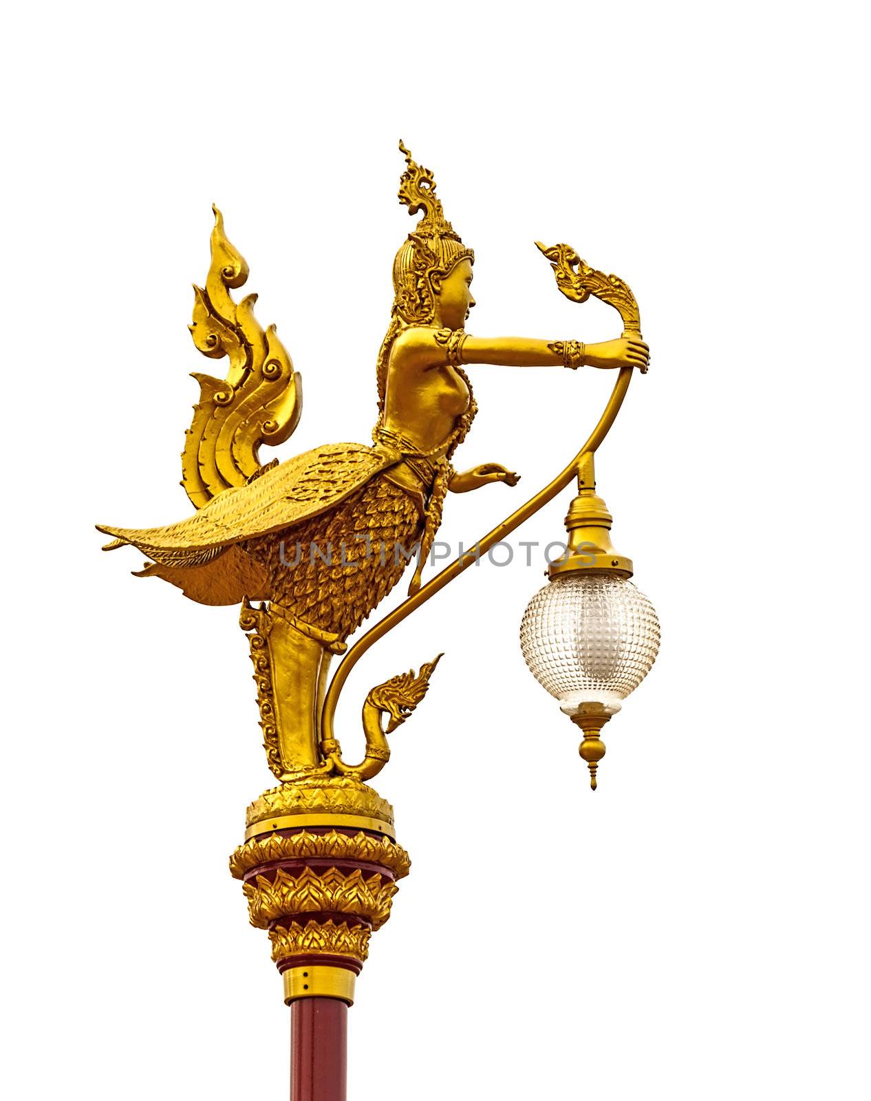 Isolated Half-bird lamp. Generality in Thailand, any kind of temple, art decorated in Buddhist church, temple etc. created with money donated by people to hire artist. They are public domain, no restrict in copy or use. This photo is taken under these conditions.