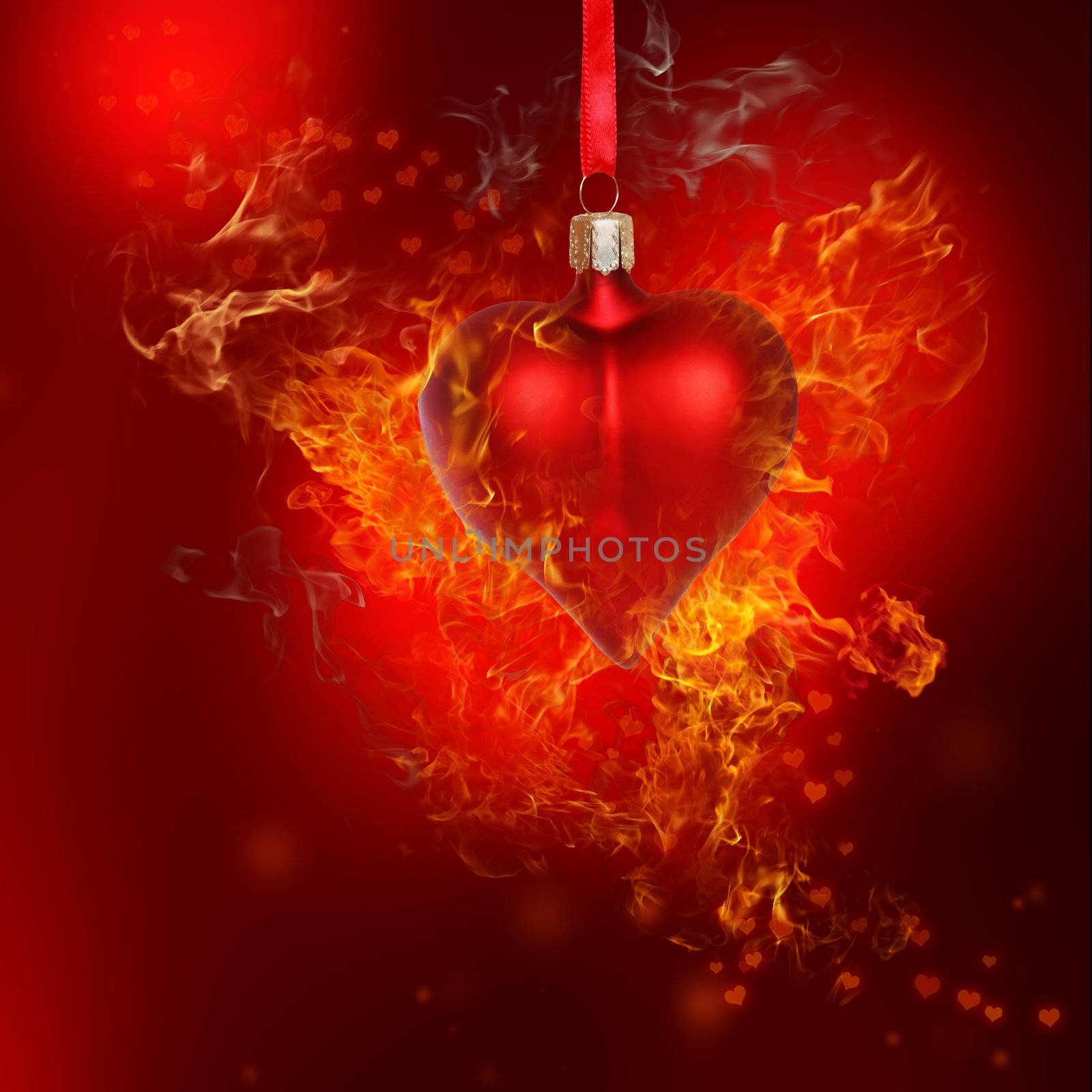 Fire Heart Bauble on Red Background