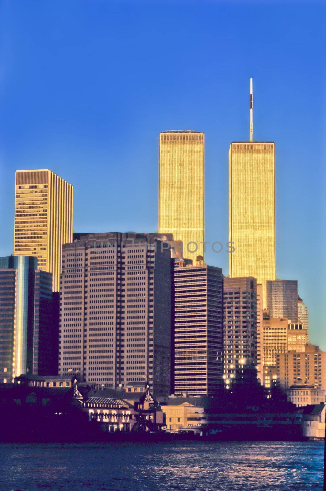 NEW YORK CITY - JANUARY 4: The twin towers of the World Trade Center and lower Manhattan on January 4, 2001 in New York. Twin towers were destroyed in 911 by terrorist attac.