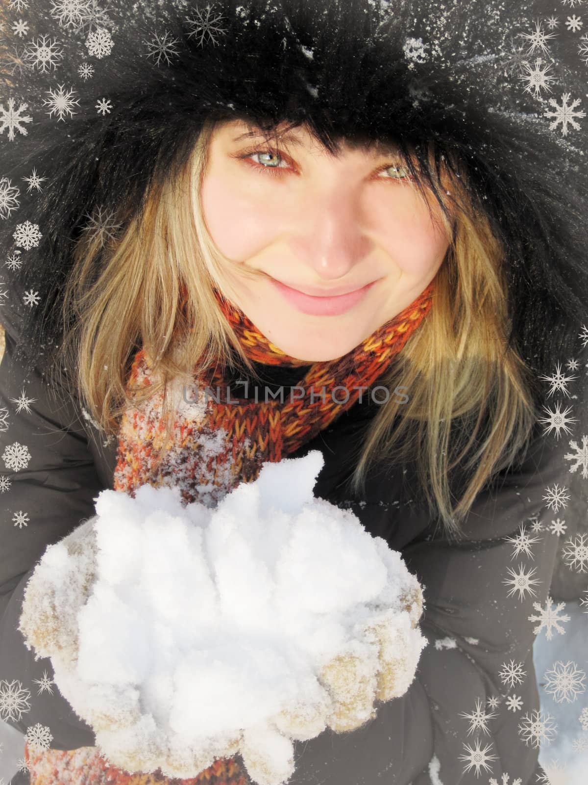 Blond woman in winter hat and gloves with snowflakes