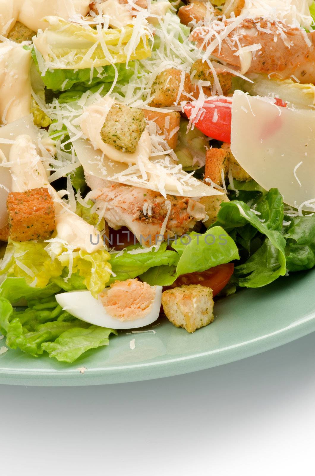 Caesar Salad with Grilled Chicken Breast, Garlic Crouton, Romaine Lettuce, Cherry Tomato, Eggs, Sauce and Grated Parmesan Cheese closeup on Green Plate