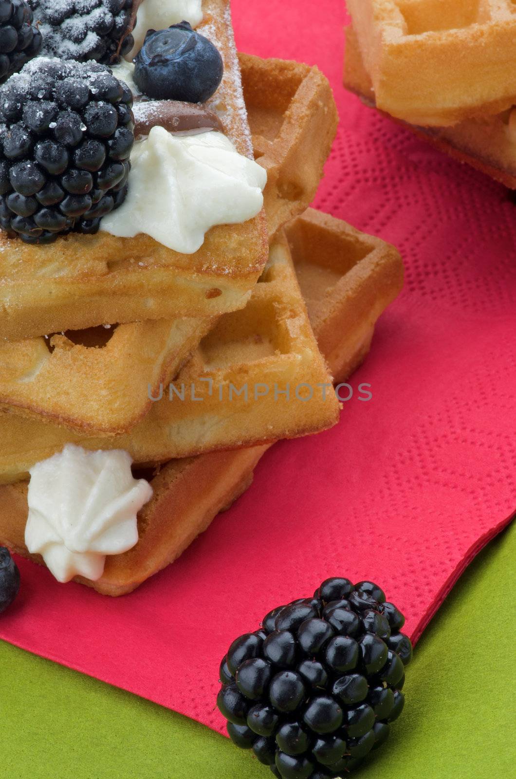 Arrangement of Delicious Belgian Waffle, Berries and Whipped Cream closeup on Red and Green Napkins