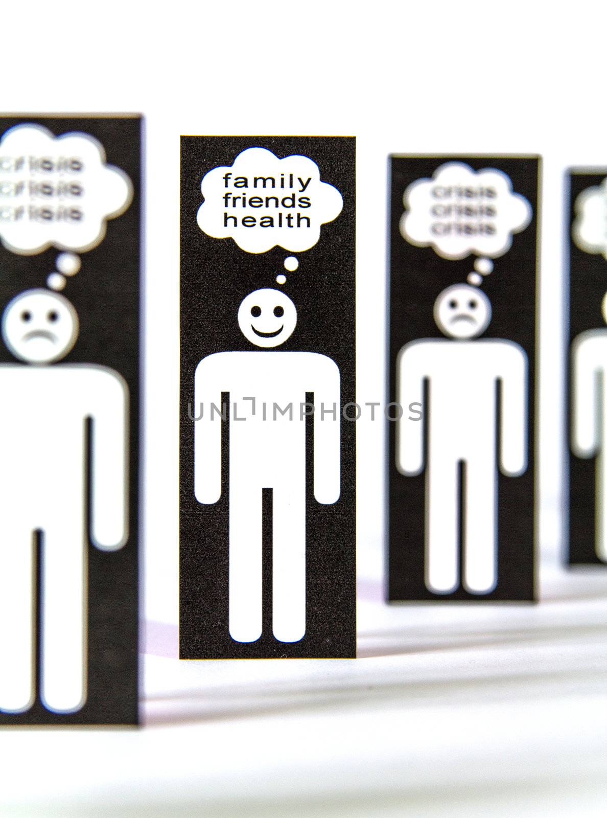 Line of negative paper men symbols thinking about crisis and one positive for the familiy, friends and health