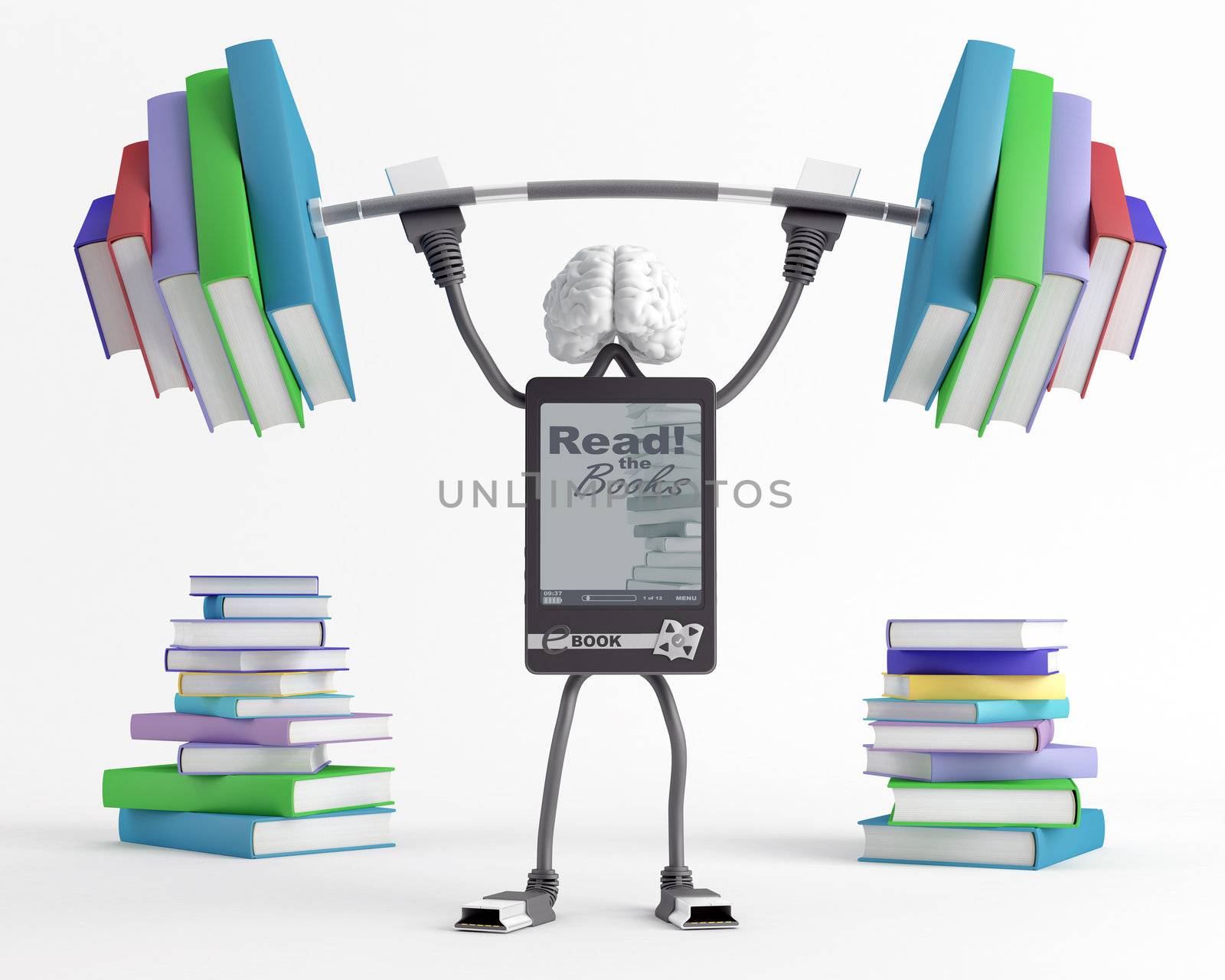 E-Bookish man lifts a heavy barbell loaded with sports in the form of books