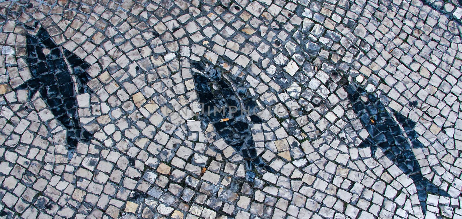 Clear stone blocks pavement texture with a dark central fishes motive for background