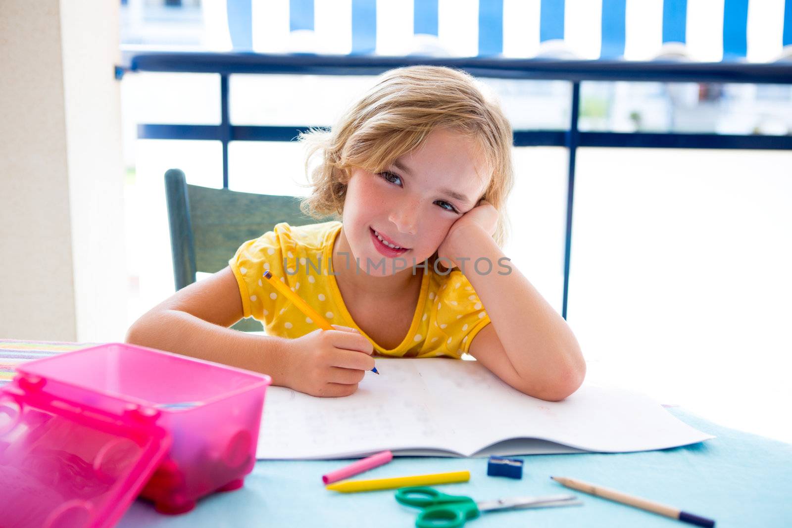 Child student kid girl happy smiling with homework on desk table