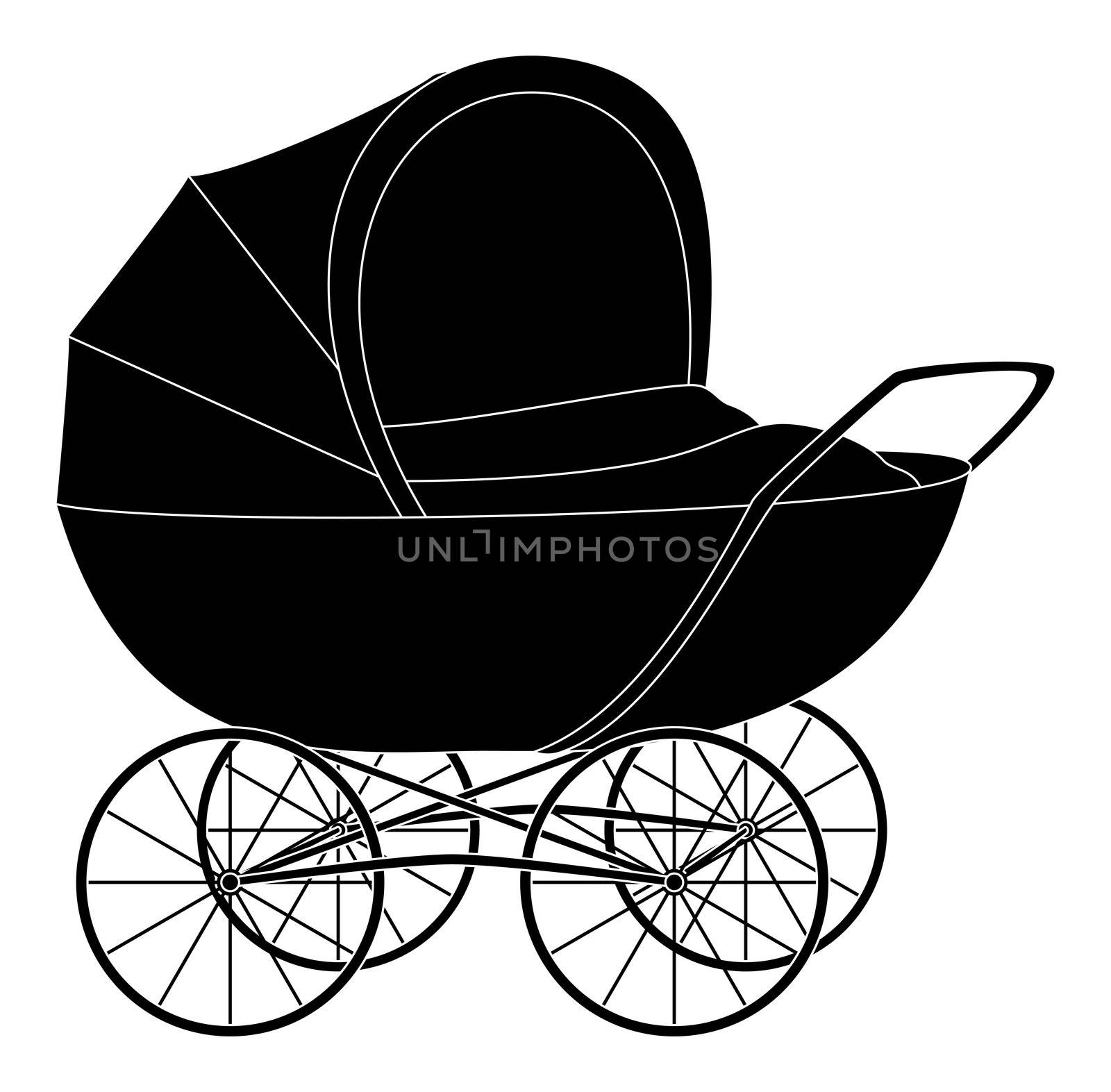 Baby pram, black contour on white background.