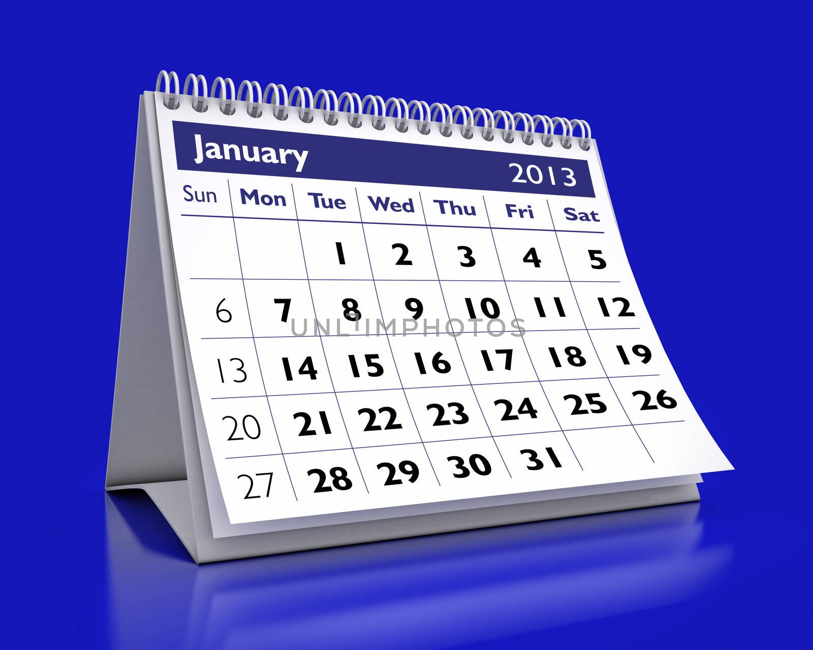 3D desktop calendar January 2013 in color background