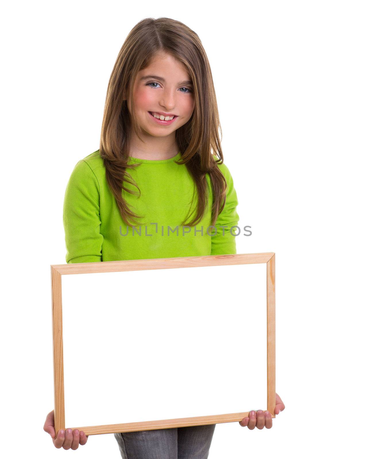 child smiling girl with blank white frame copy space white blackboard happy