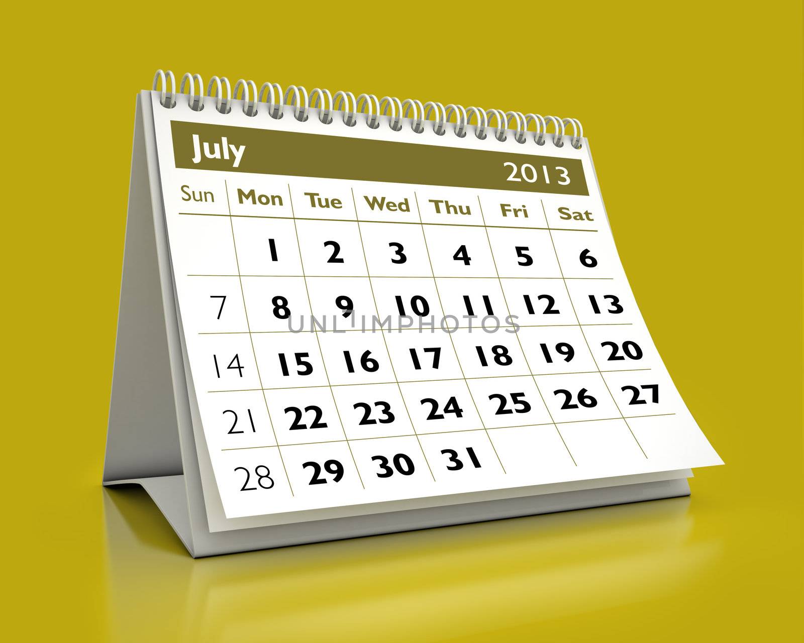 3D desktop calendar July 2013 in color background