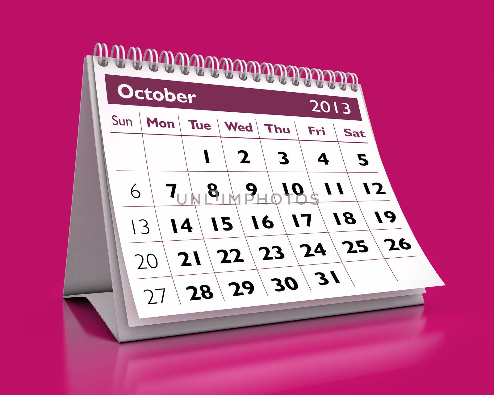 3D desktop calendar October 2013 in color background