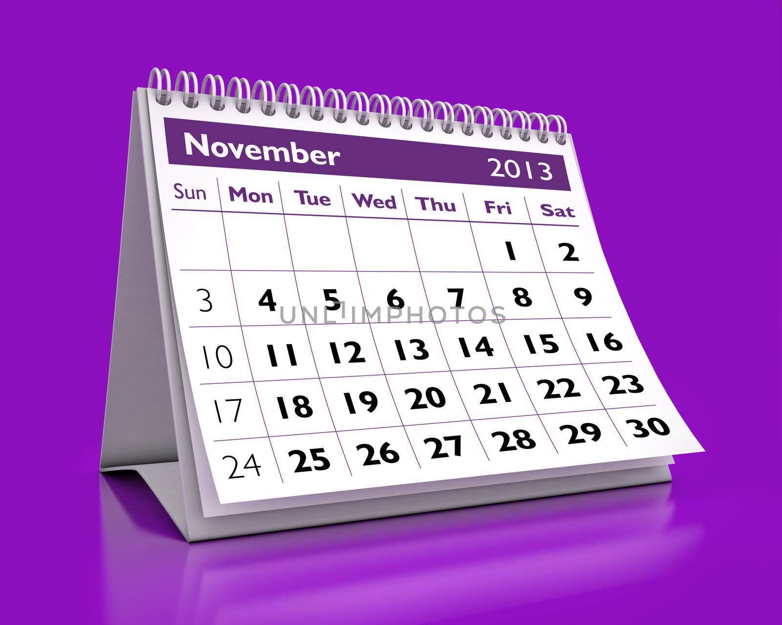 3D desktop calendar November 2013 in color background