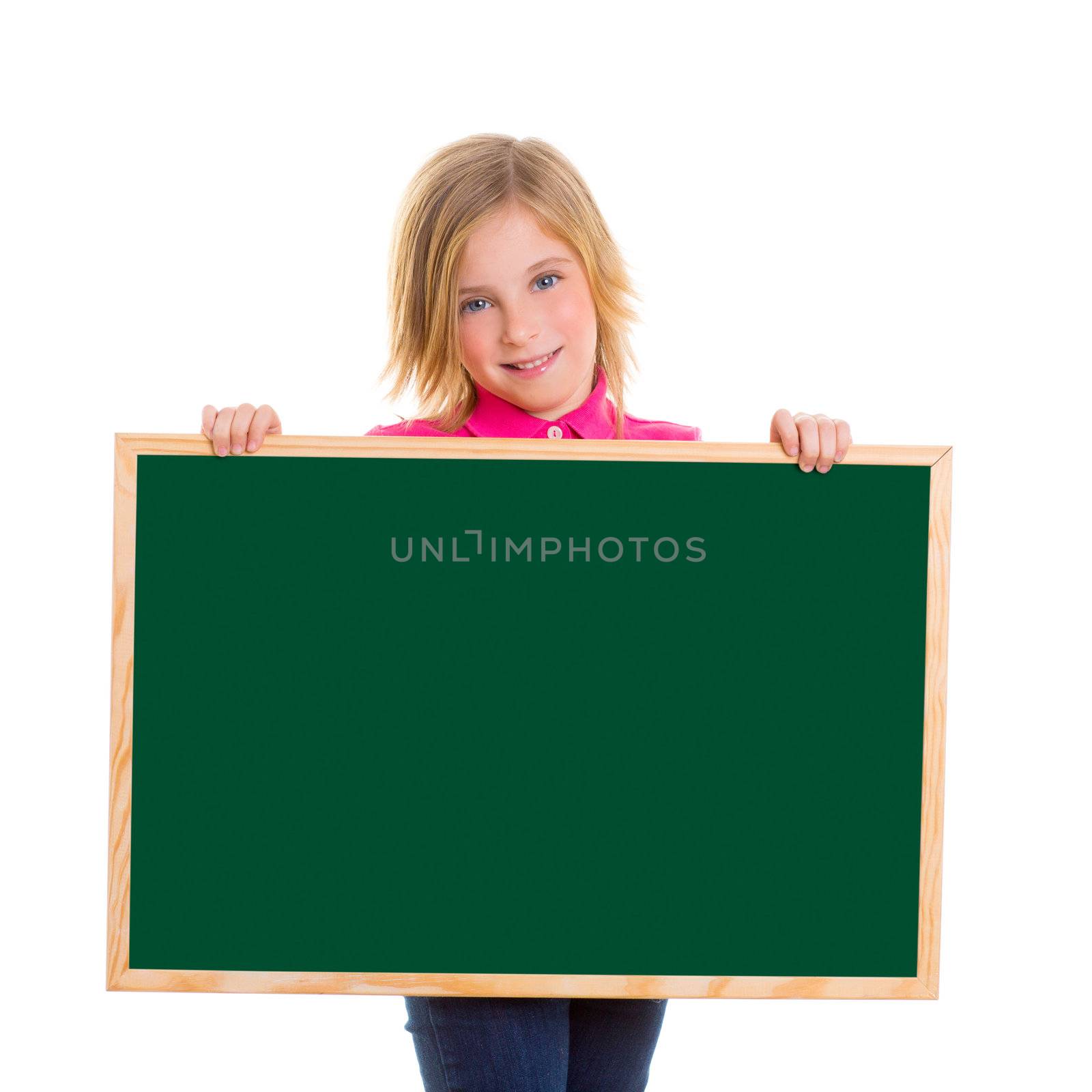 blond child kid happy girl holding blank green blackboard copy space on white