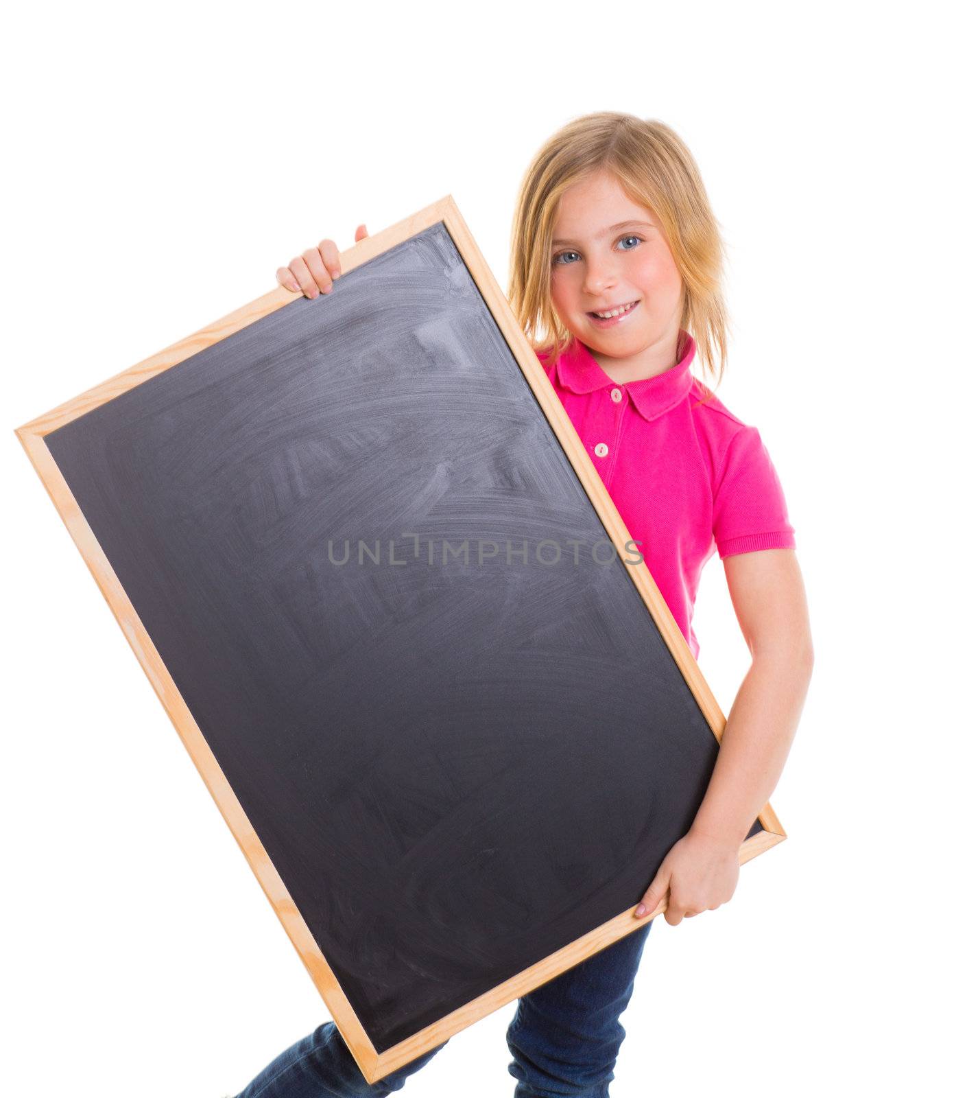 blond child kid happy girl holding blank black blackboard copy space on white