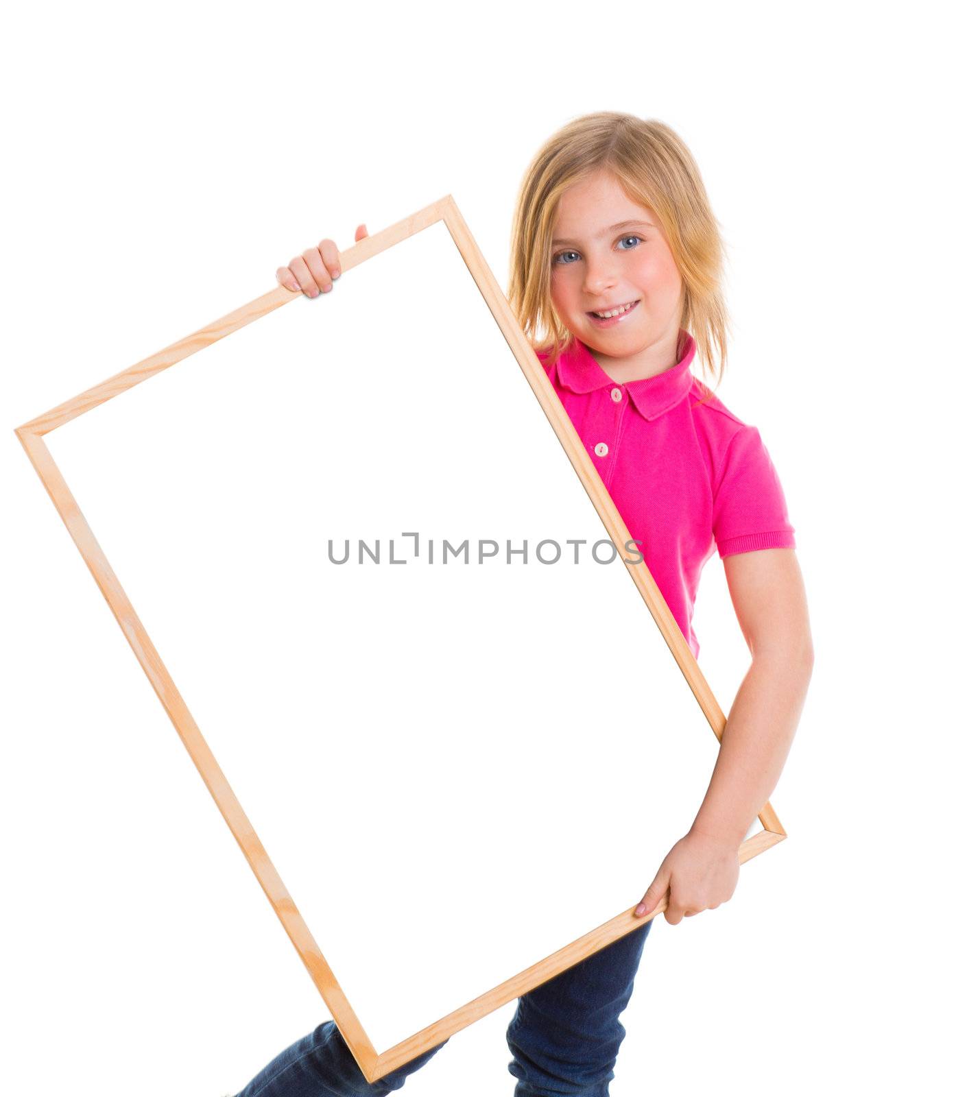 blond child kid happy girl holding blank white board copy space