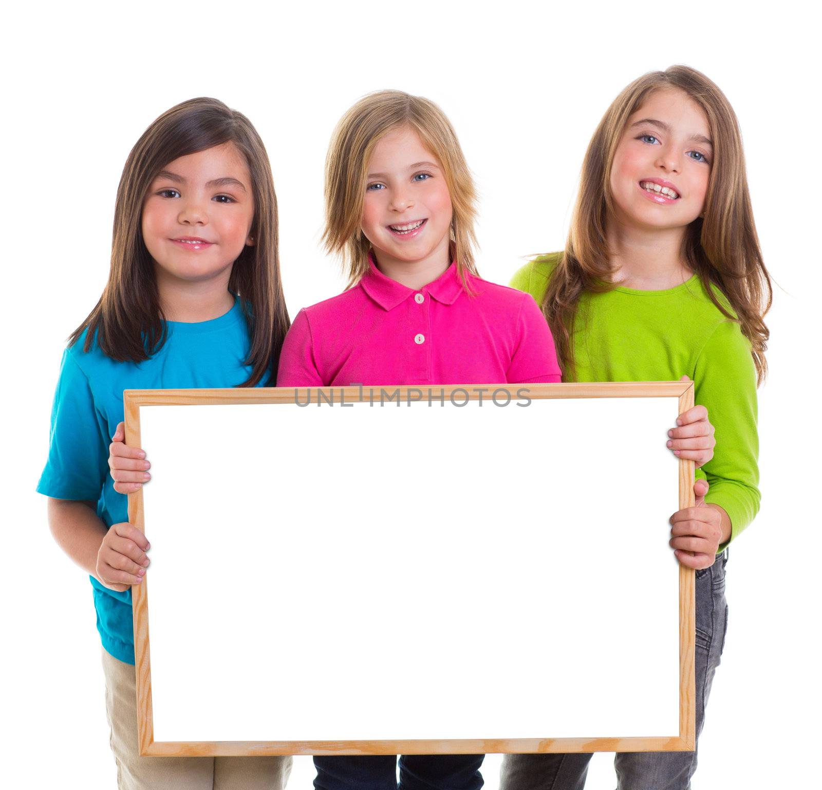 children girls group holding blank white board copy space by lunamarina