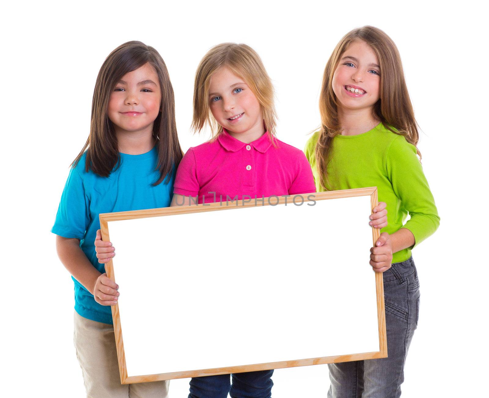 children girls group holding blank white board copy space by lunamarina