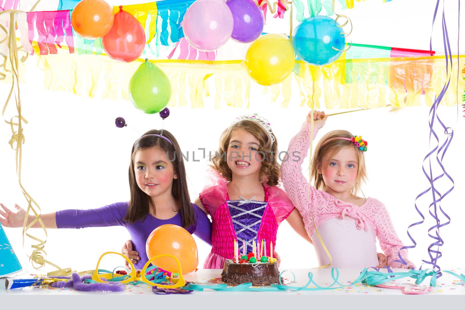 children happy birthday party girls group with balloons and chocolate cake