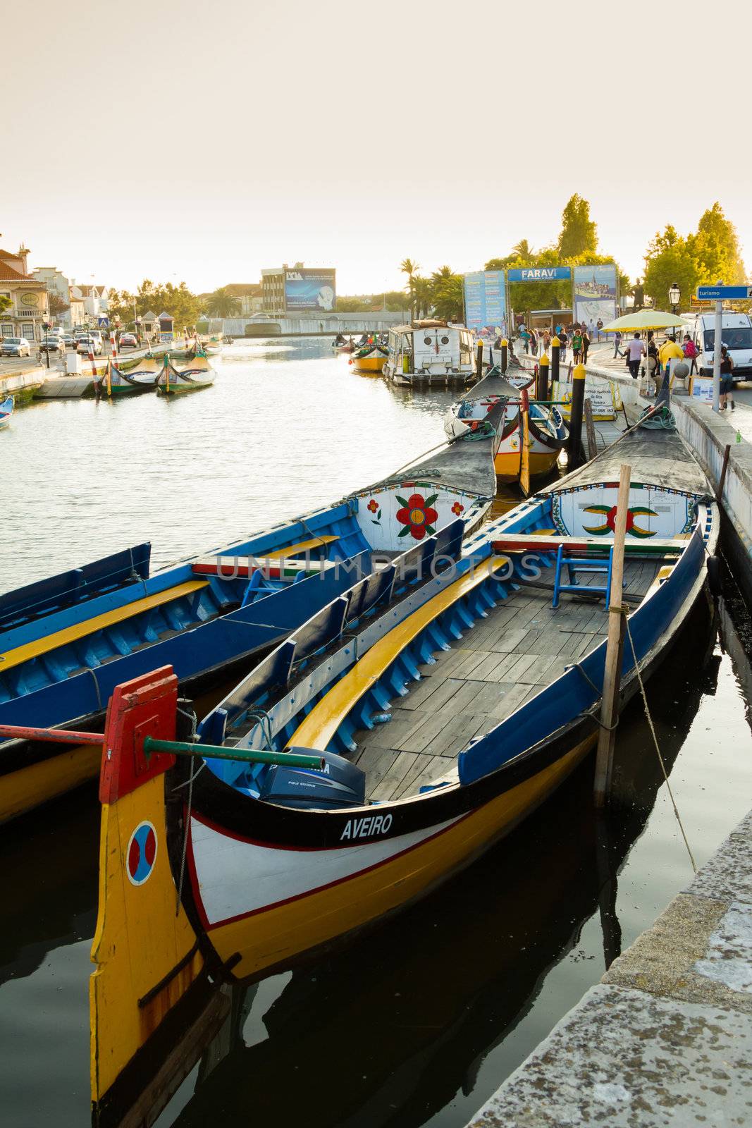 View the traditional moliceiro boats stopped in  the central canal of Aveiro city, in Portugal