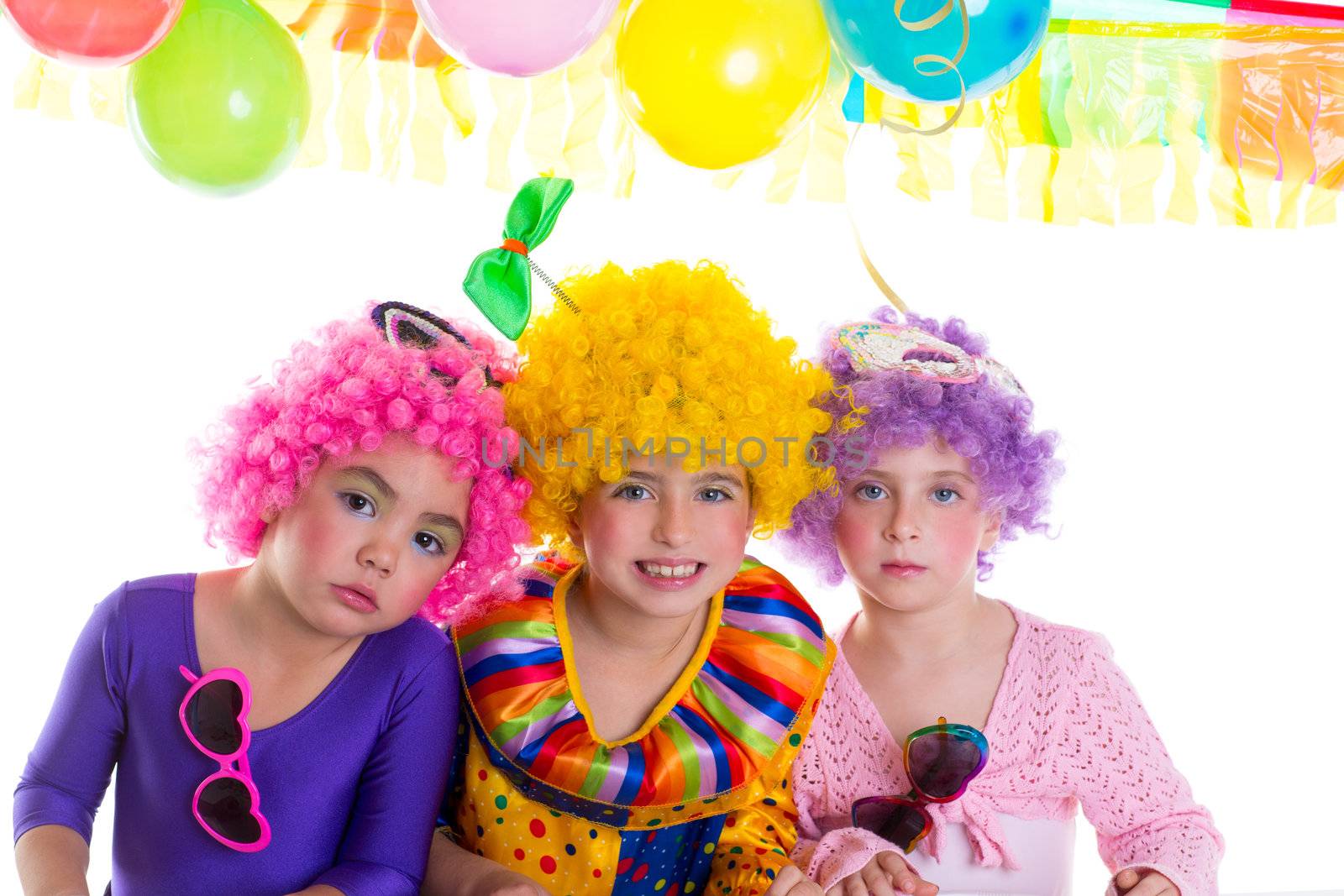 Children happy birthday party with clown wigs colorful holiday celebration