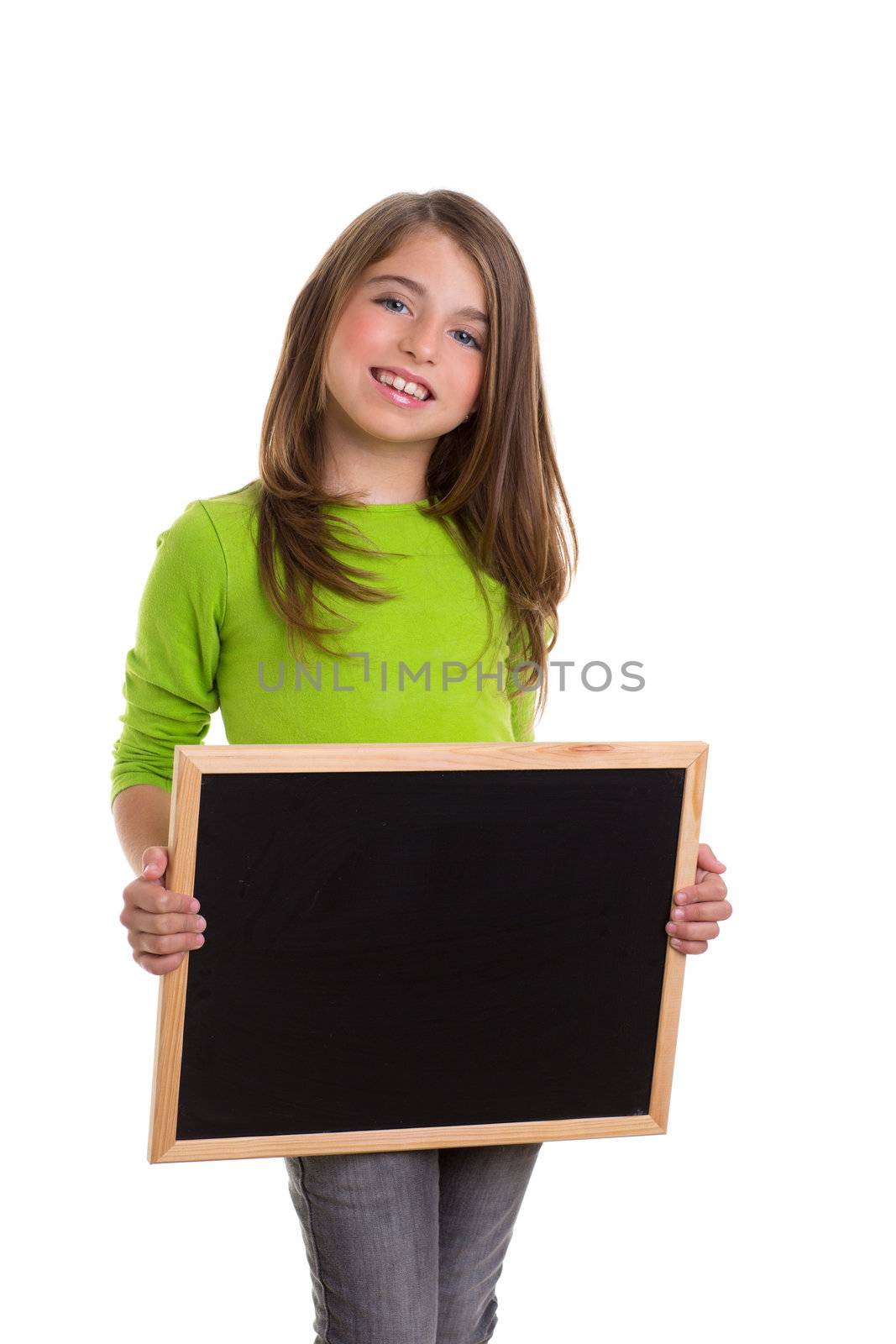 child girl with white frame copy space black blackboard by lunamarina