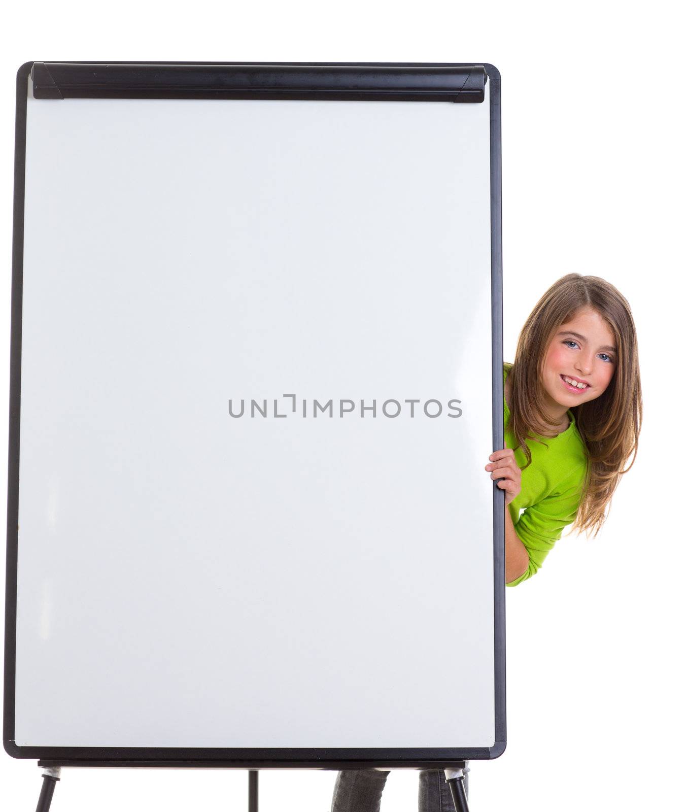 child happy girl with blank flip chart white copy space by lunamarina