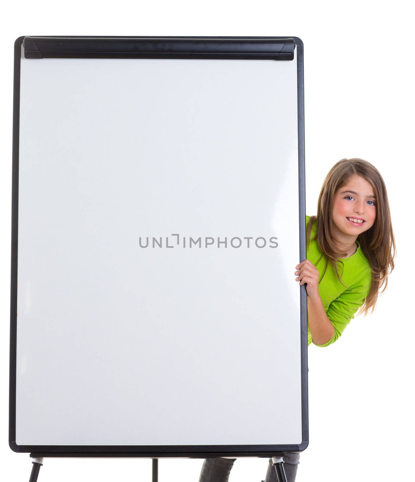 child kid happy girl with blank flip chart white copy space smiling