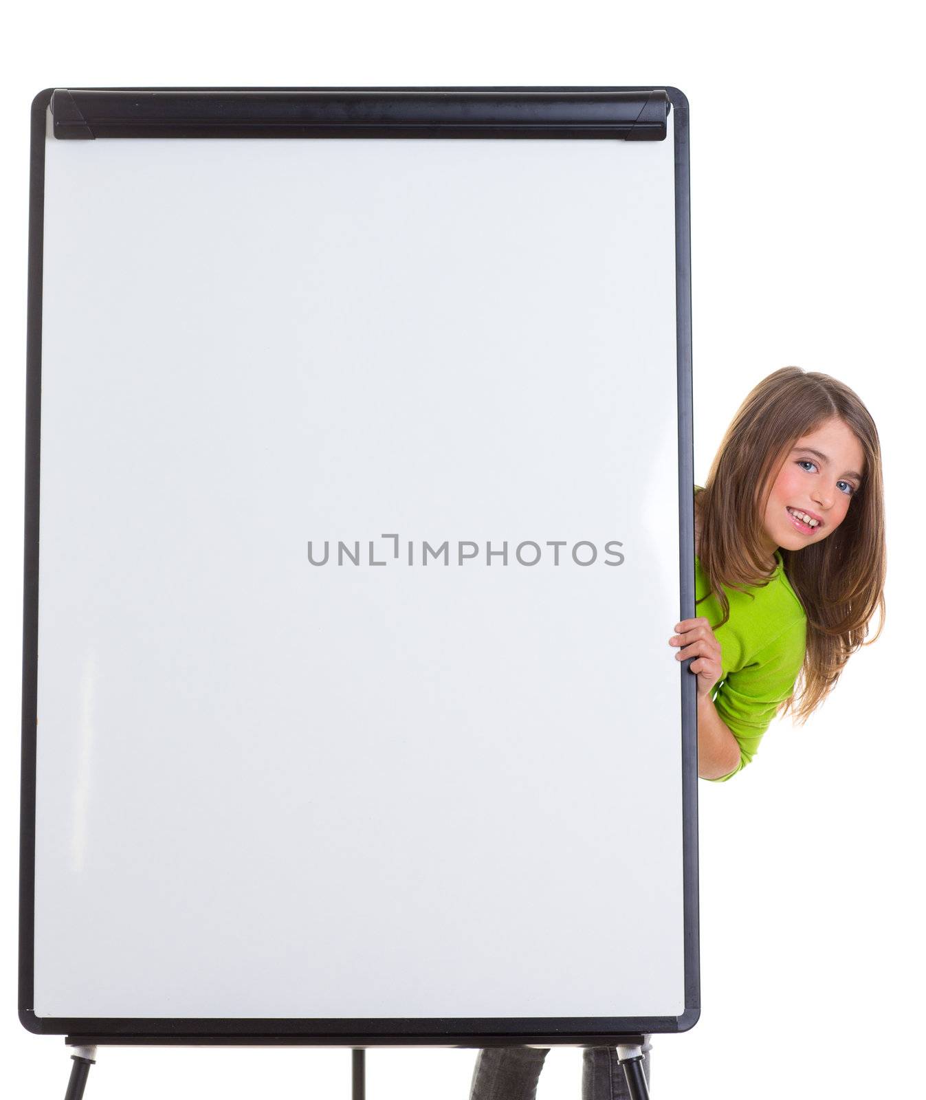 child kid happy girl with blank flip chart white copy space smiling