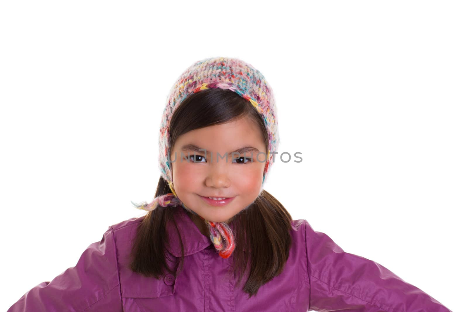 Asian child kid girl winter portrait purple coat and wool cap on white background