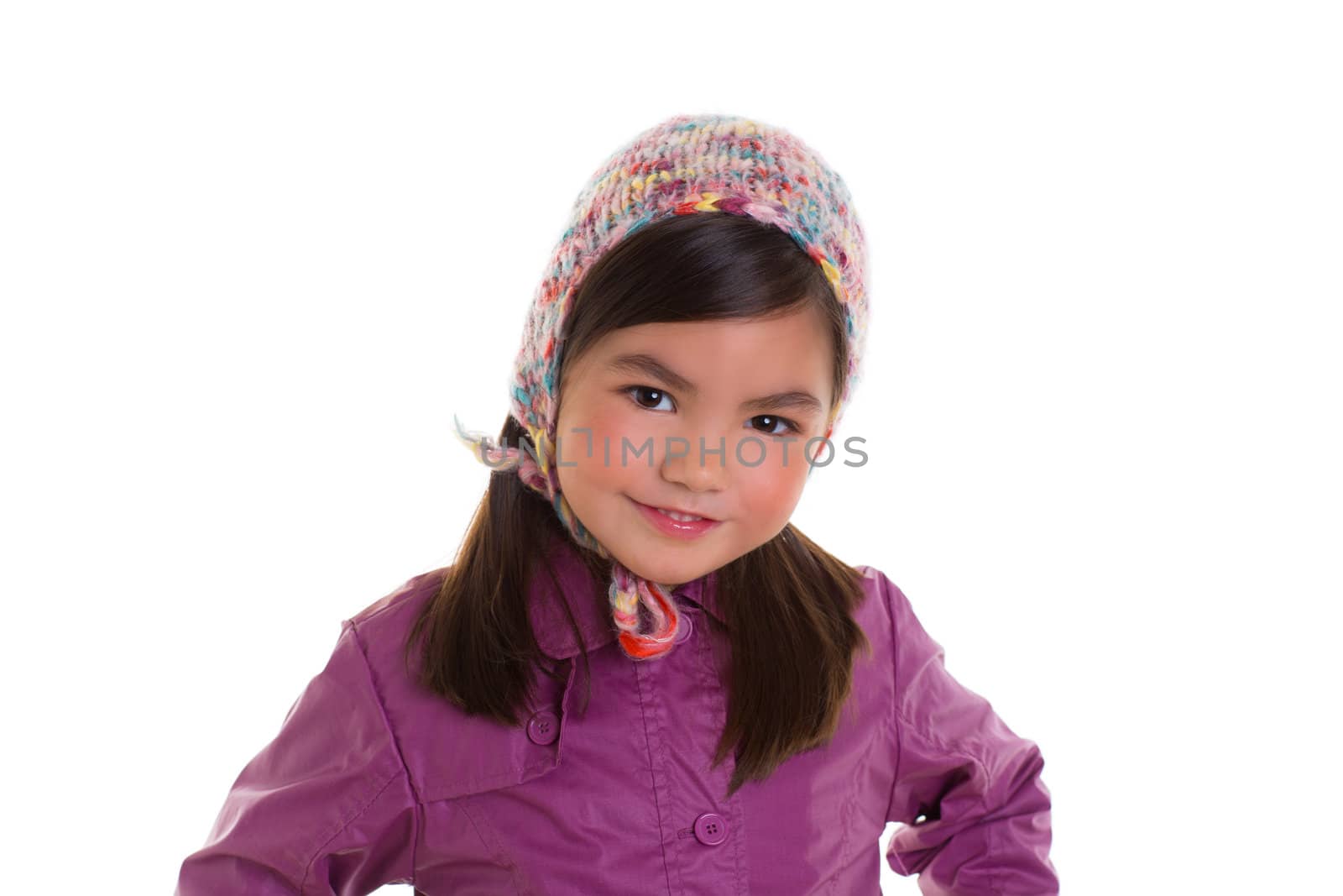 Asian child kid girl winter portrait purple coat and wool cap on white background