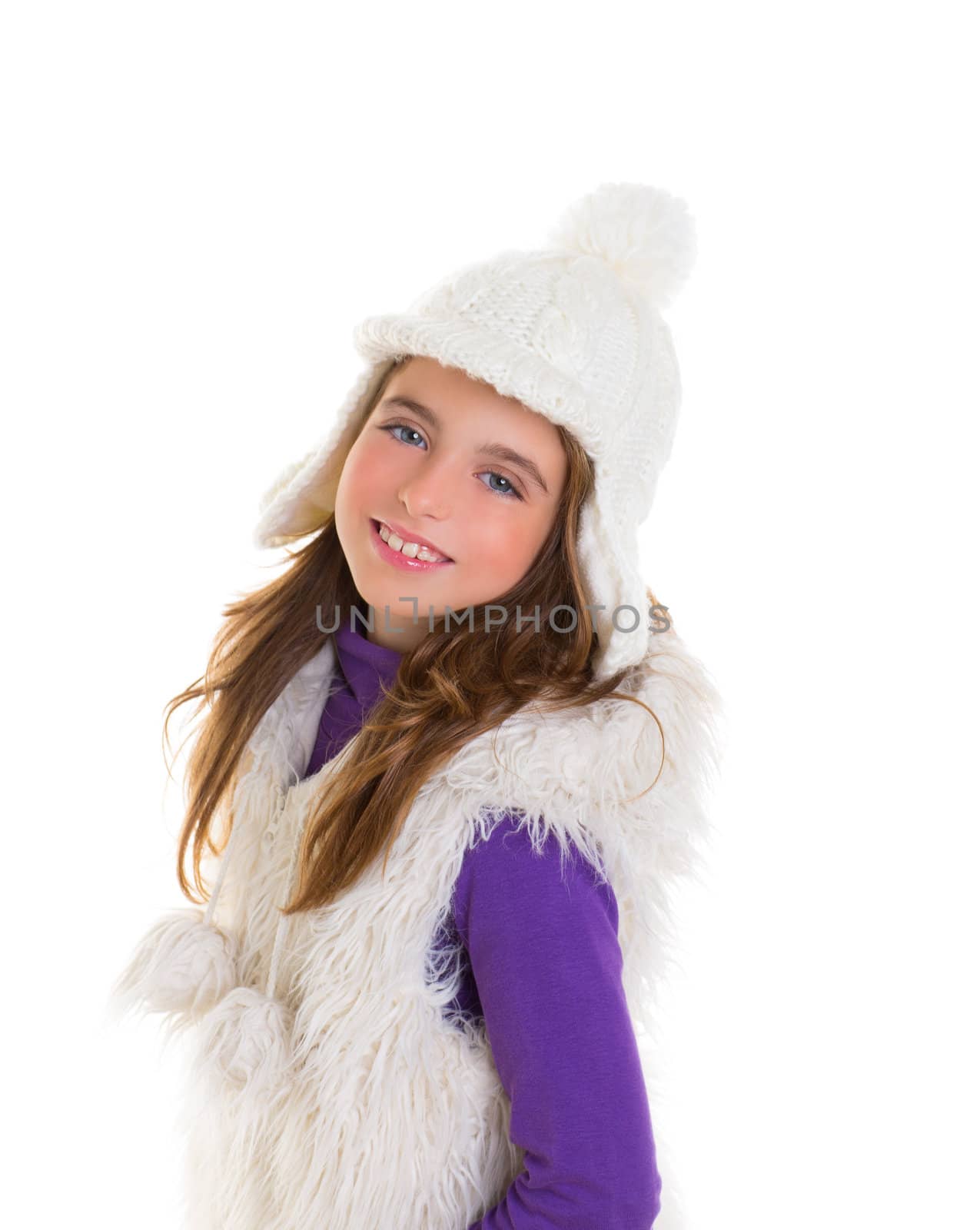 blue eyes child kid happy girl smiling with white winter cap fur and purple