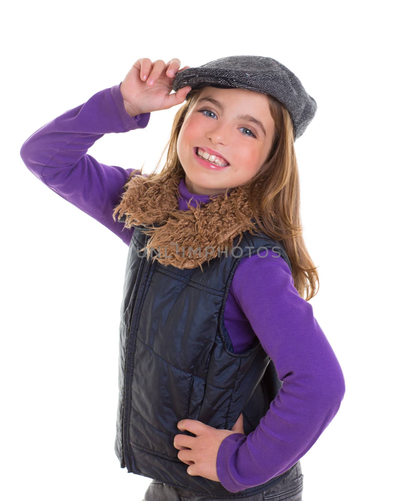 children kid winter girl with cap coat and fur smiling on white background