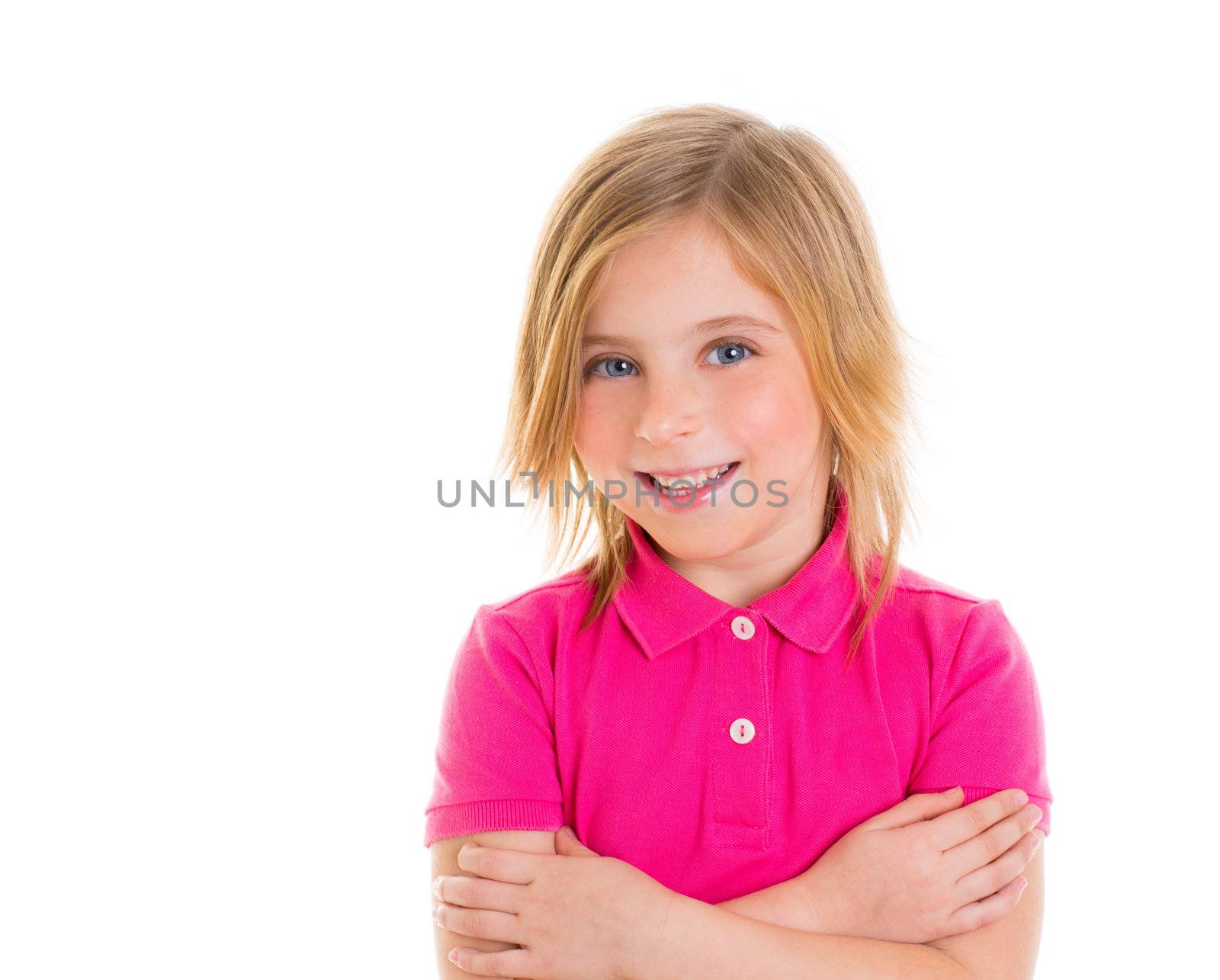 Blond child girl with pink t-shirt smiling portrait on white background