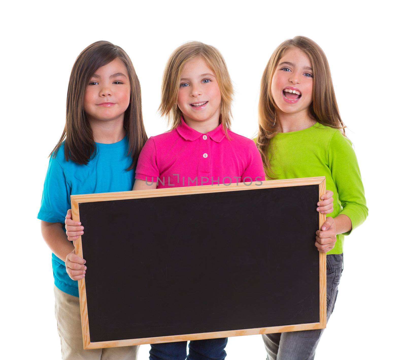 children girls group holding blank blackboard copy space by lunamarina