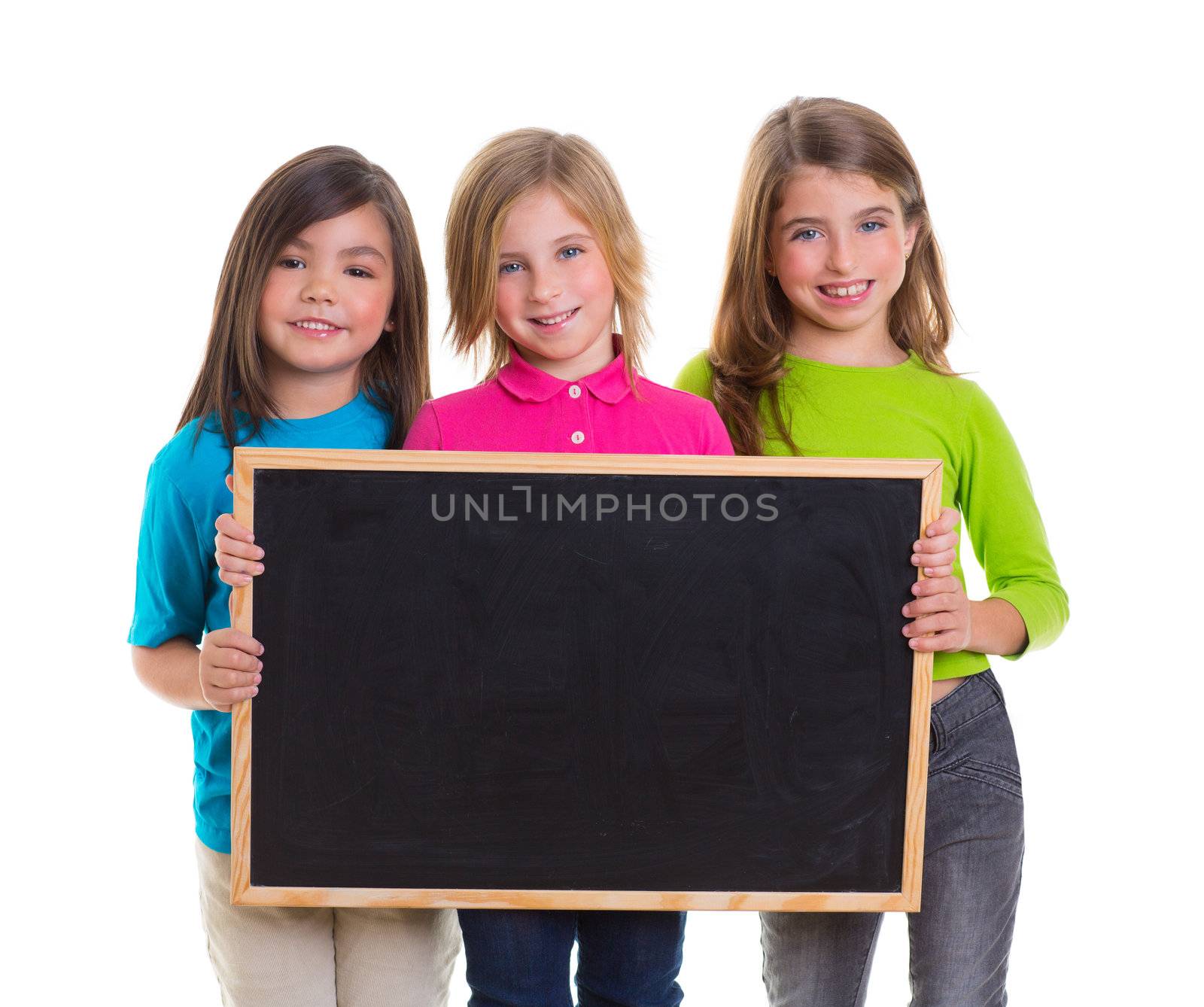 children girls group holding blank blackboard copy space by lunamarina