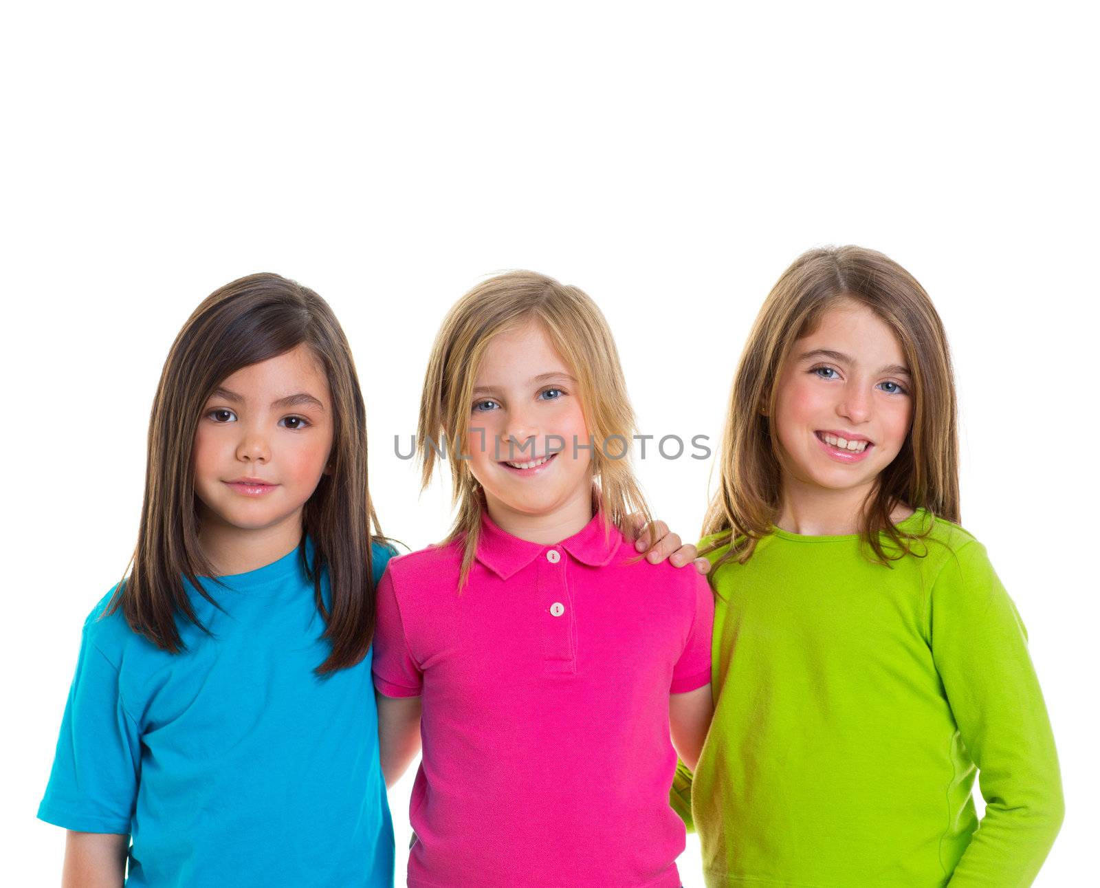 children happy girl firends group smiling hug together isolated on white background
