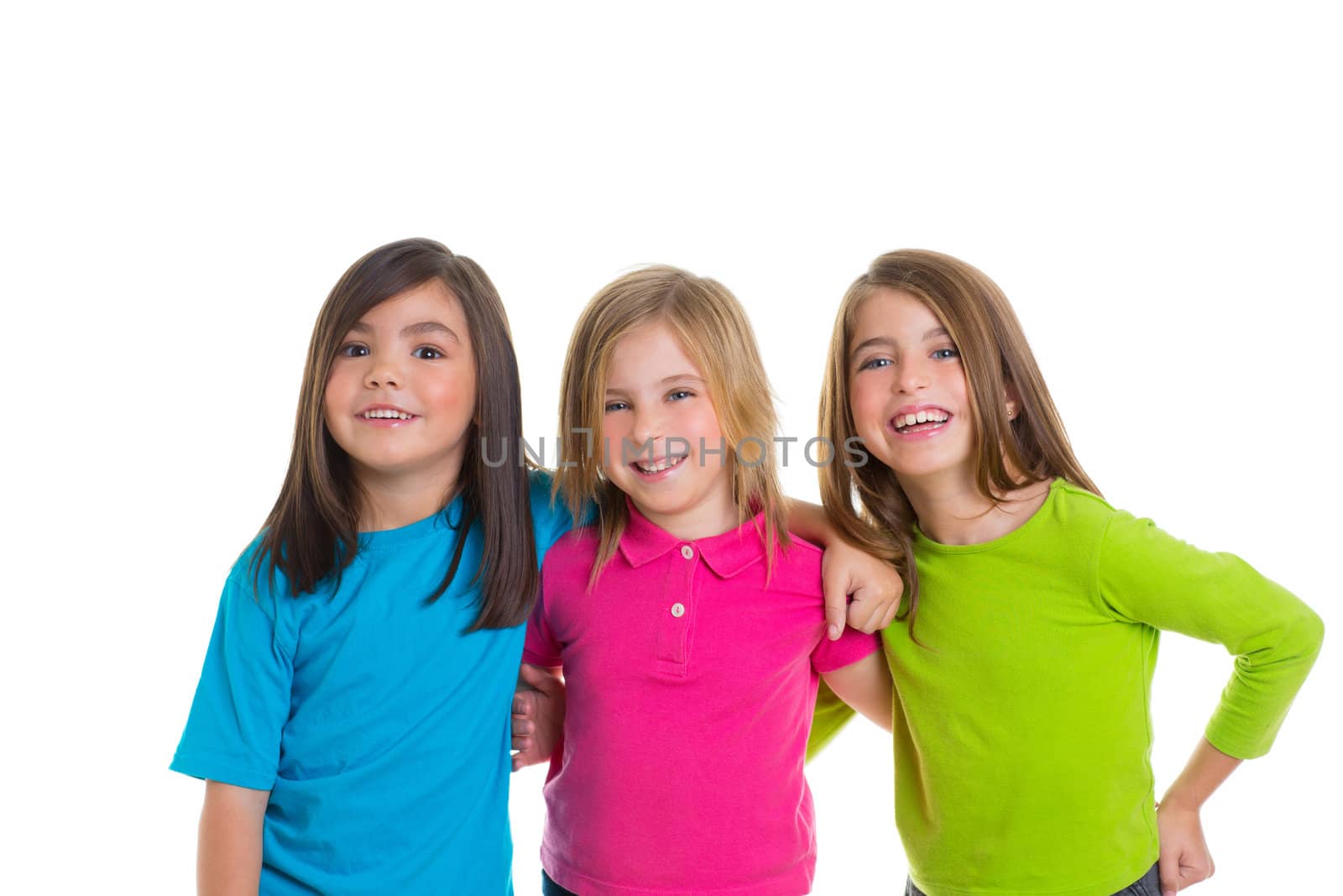 children happy girl firends group smiling hug together isolated on white background