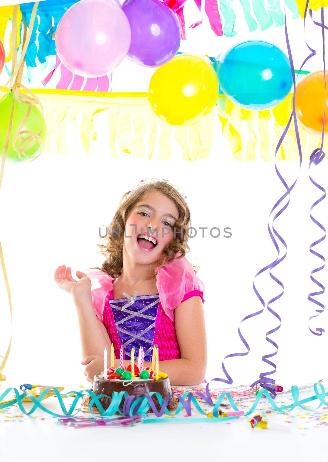child kid crown princess in birthday party happy gesture and chocolate cake