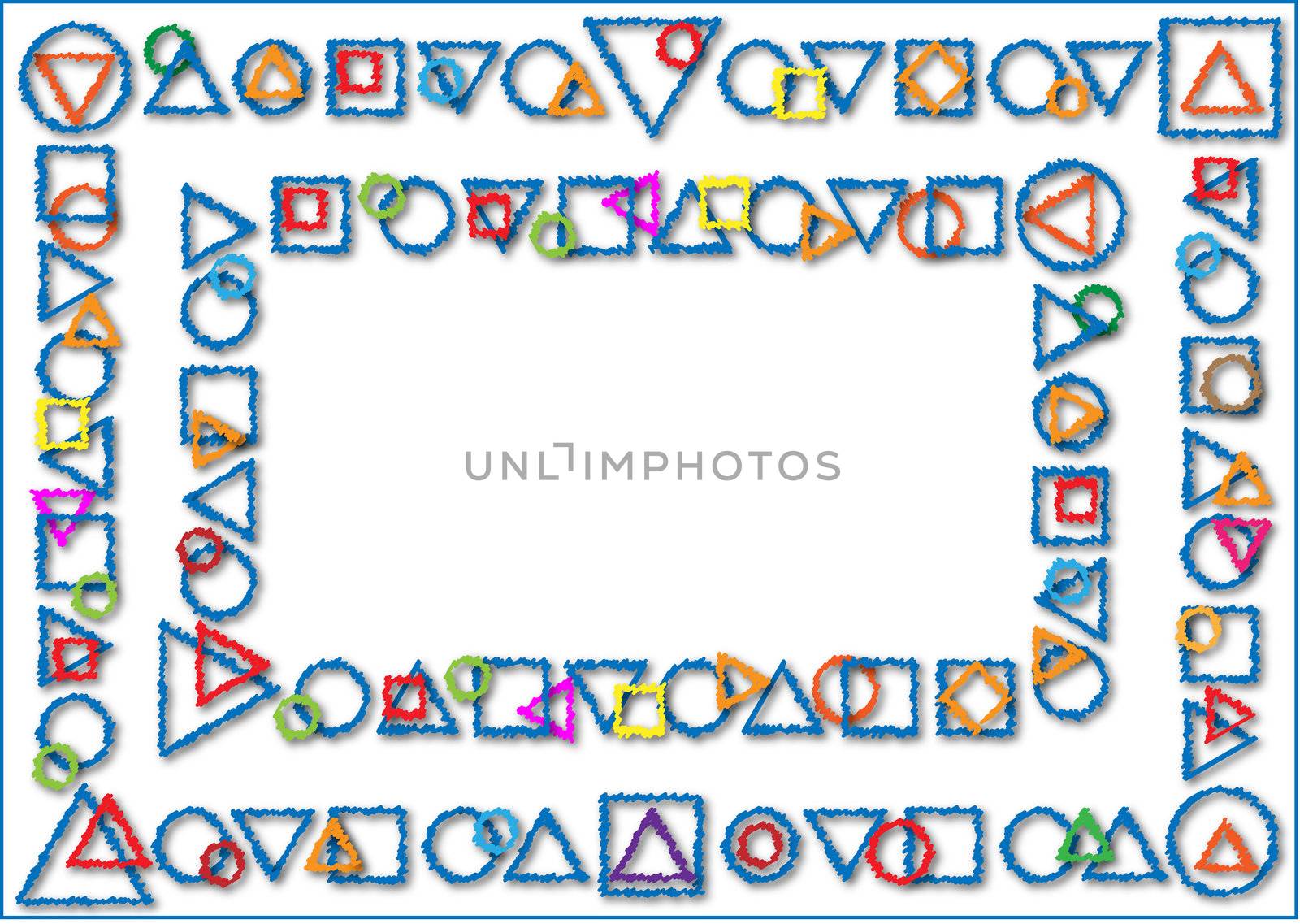 Colorful geometric shapes drawn on a white background in two rows