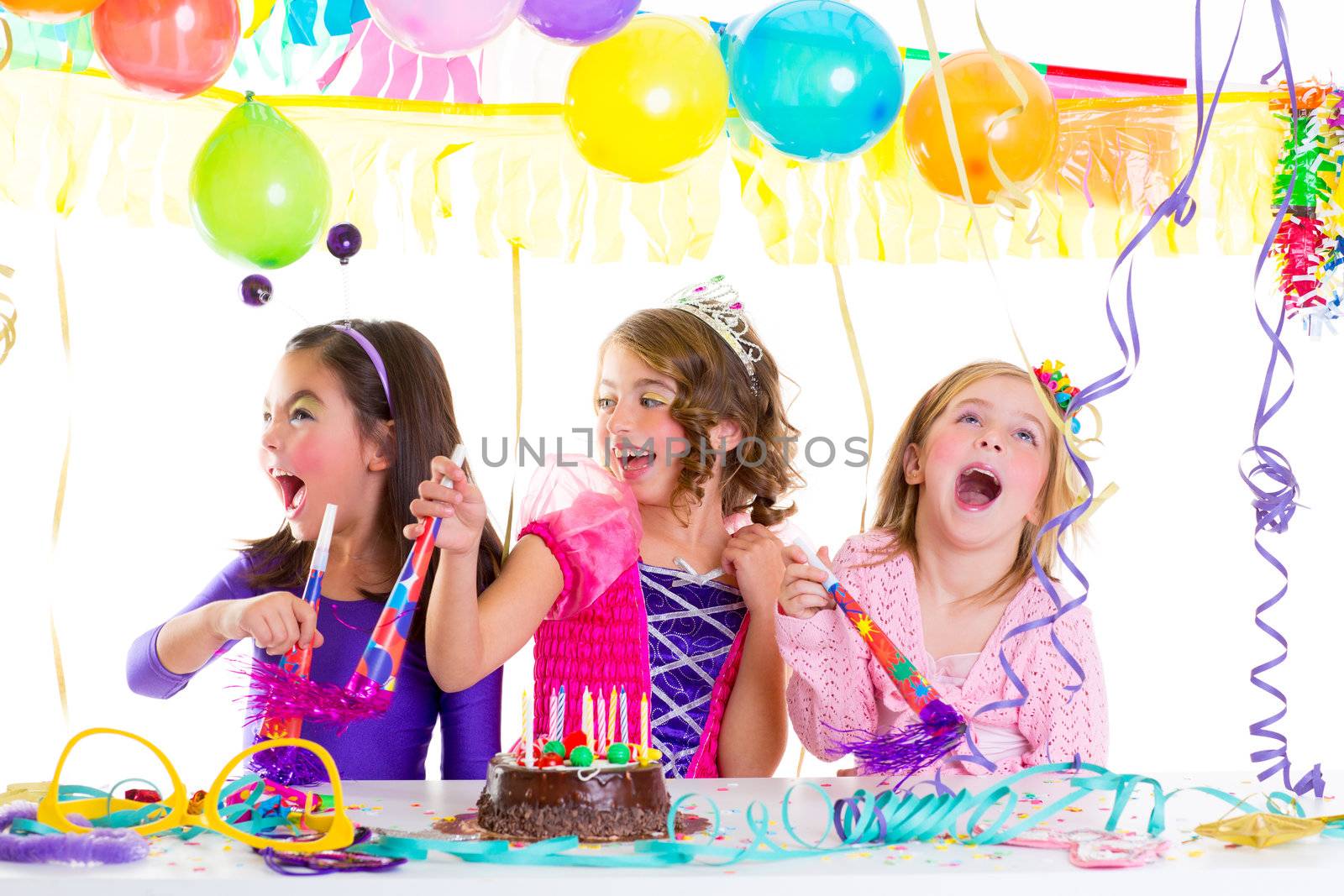 children kid in birthday party dancing happy laughing with baloons serpentine and garlands