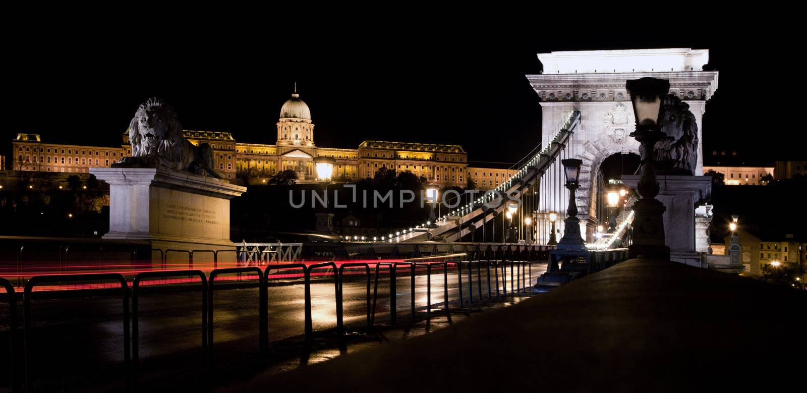 Buda Castle and Szechenyi Chain Bridge at night. Budapest, Hungary 