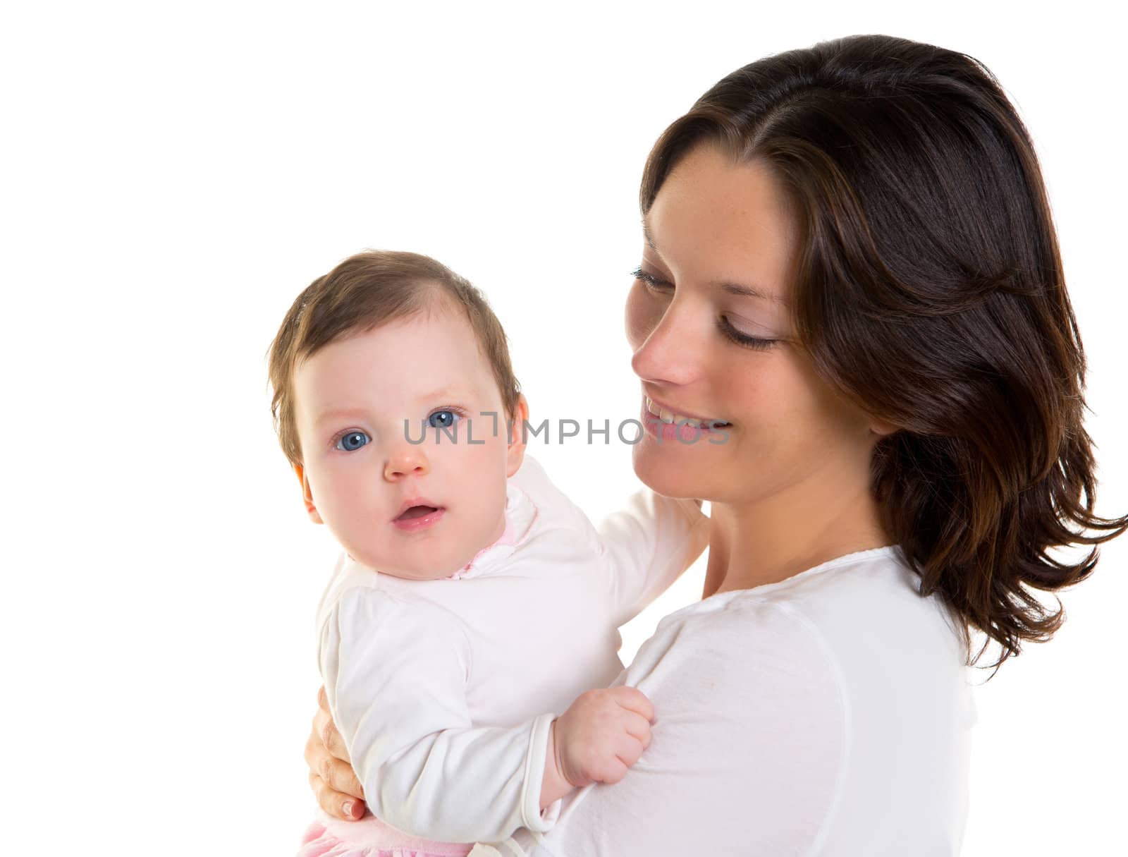 Baby girl hug in mother arms happy on white background