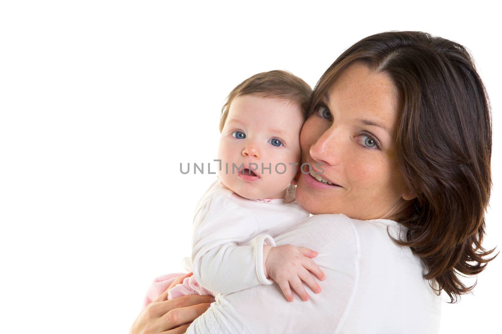 Baby girl hug in mother arms on white background