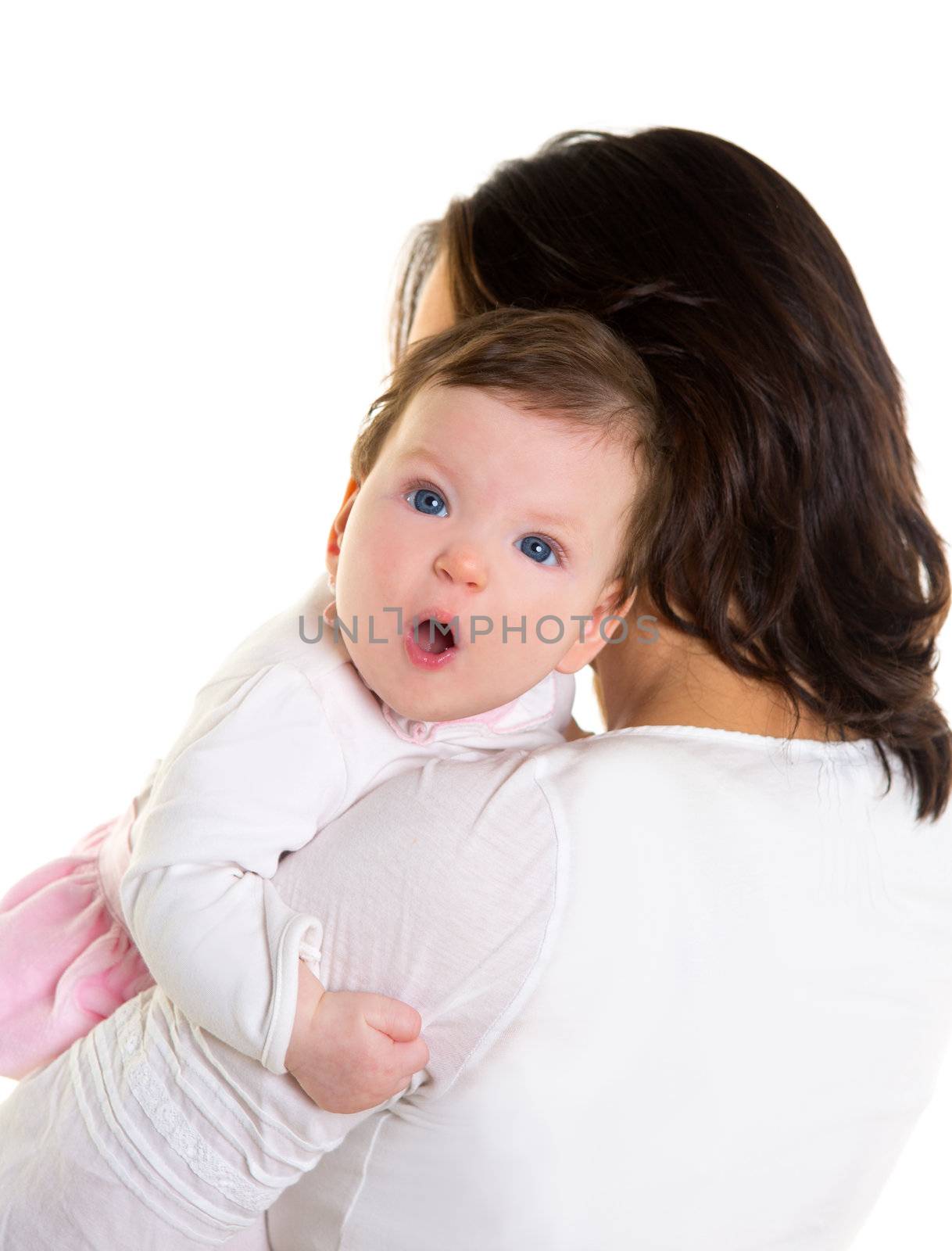 Baby girl hug in mother arms funny gesture on white background