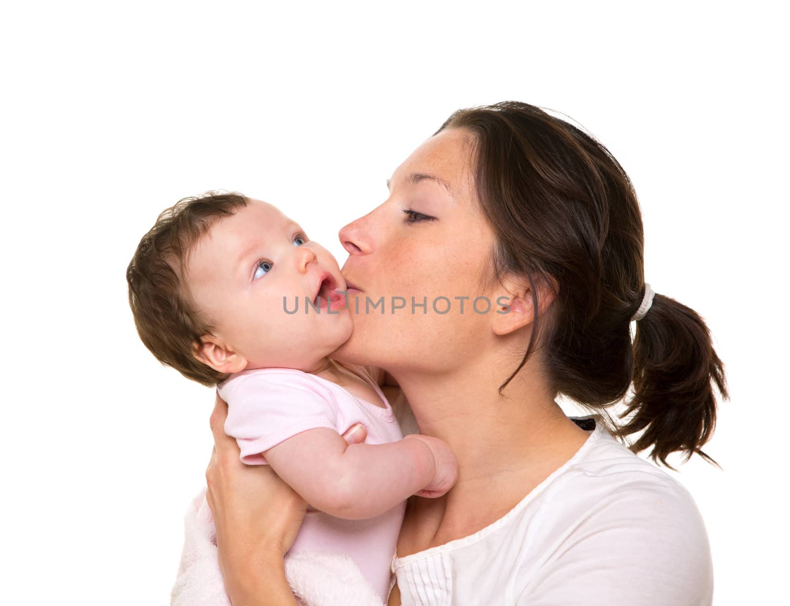 Beautiful mother kissing baby girl hug on white by lunamarina